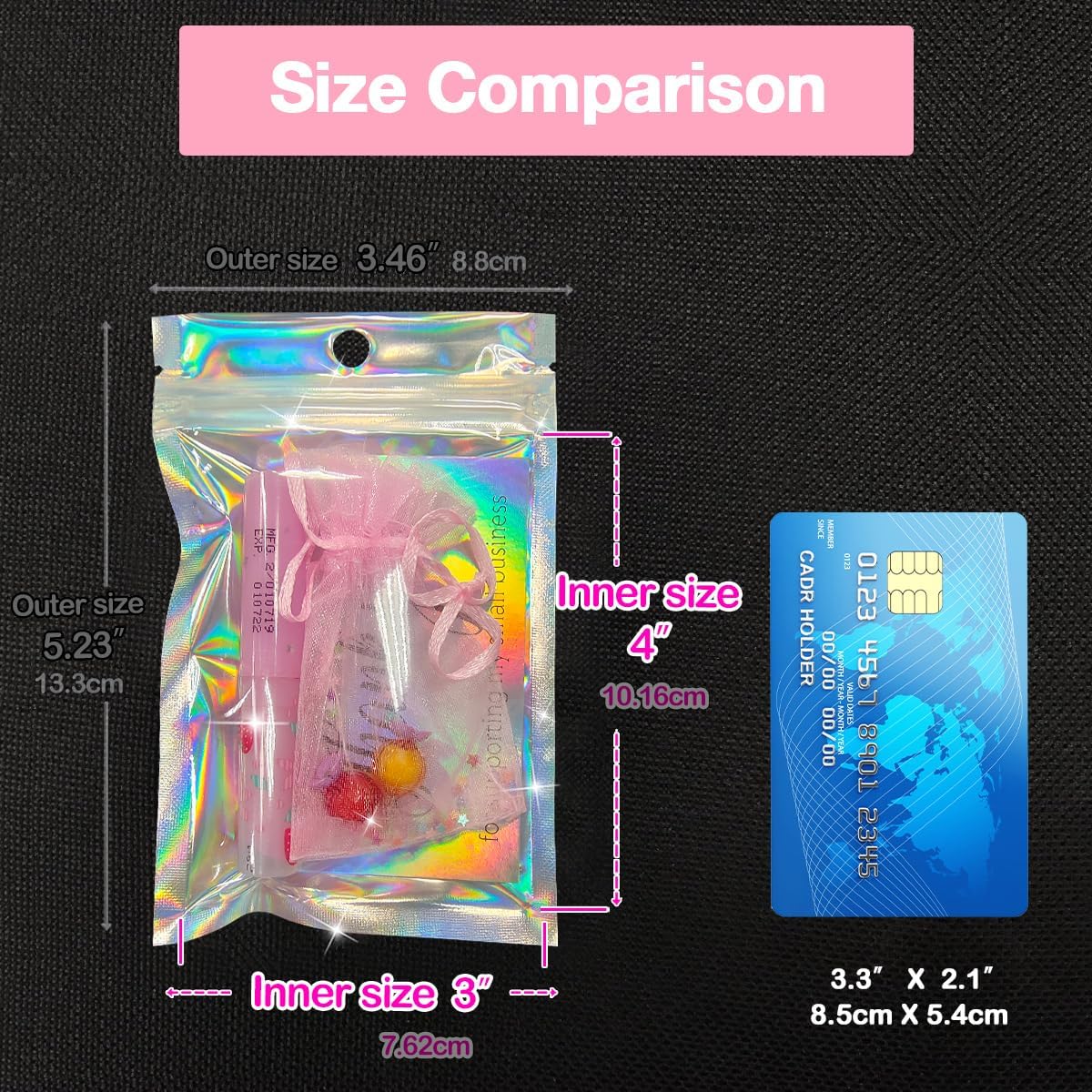 Resealable Foil Pouch Bag [100 PCS ] Great for Party Favor Food Storage (Holographic Color, 3 x 4 Inch)