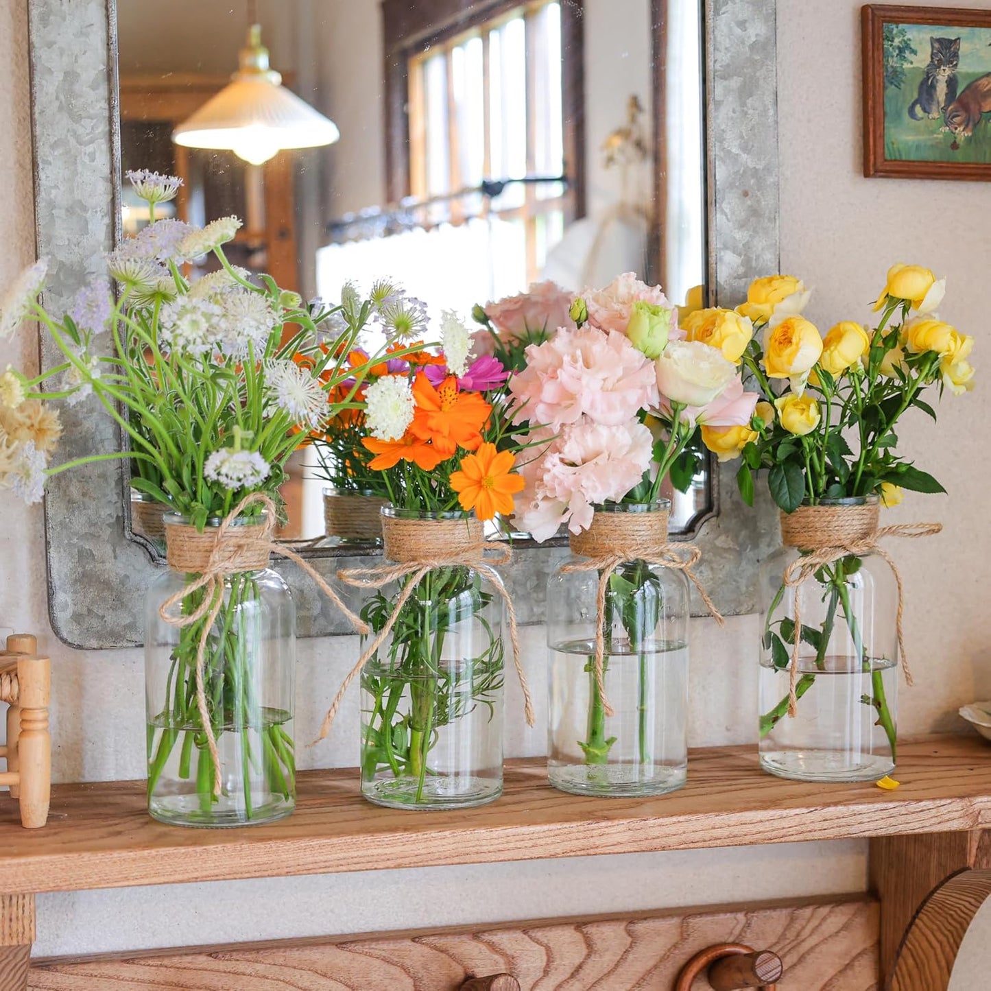 Set of 12 Vintage Glass Vases for Flowers Farmhouse Clear Glass Vases for Centerpieces Small Flower Vases with Twine Ties for Wedding, Parties & Home Decor