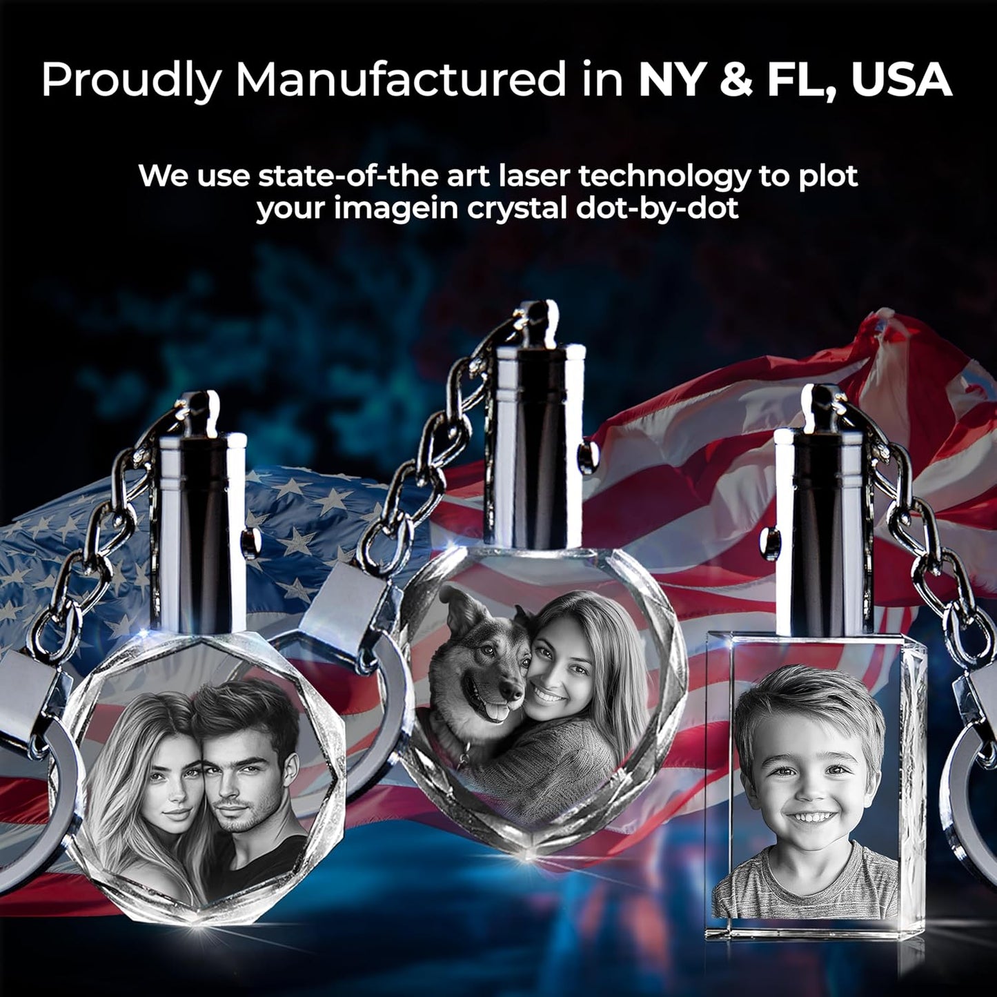 3D innovation Personalized Crystal Keychain Photo with LED Light Custom Laser Etched Key Chain, Valentines Gifts Keepsake