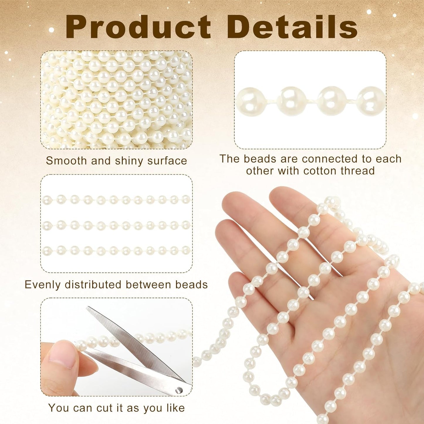 Pearl Beads Garland, 6 MM Ivory Faux String of Pearls 82FT Pearl Garland for Christmas Tree Pearls Beads Strand Spool Bead Roll for Crafts Floral Centerpieces Wedding Party Christmas Tree Decorations