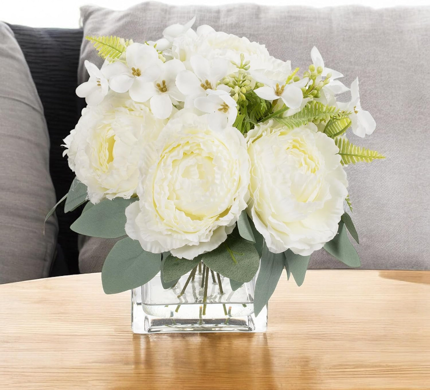 ENOVA FLORAL Artificial Flower Arrangement with Vase,Mixed Artificial Silk Peony Flower in Vase for Decoration Home Office, Wedding Centerpiece (Cream02)