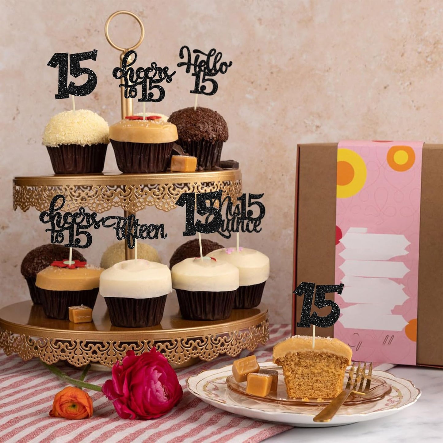 30Pcs 15th Birthday Cupcake Toppers Fifteen Cupcake Picks Cheers to 15 Years Old Mis Quince 15 Cake Decorations for 15th Birthday Anniversary Party Black Glitter