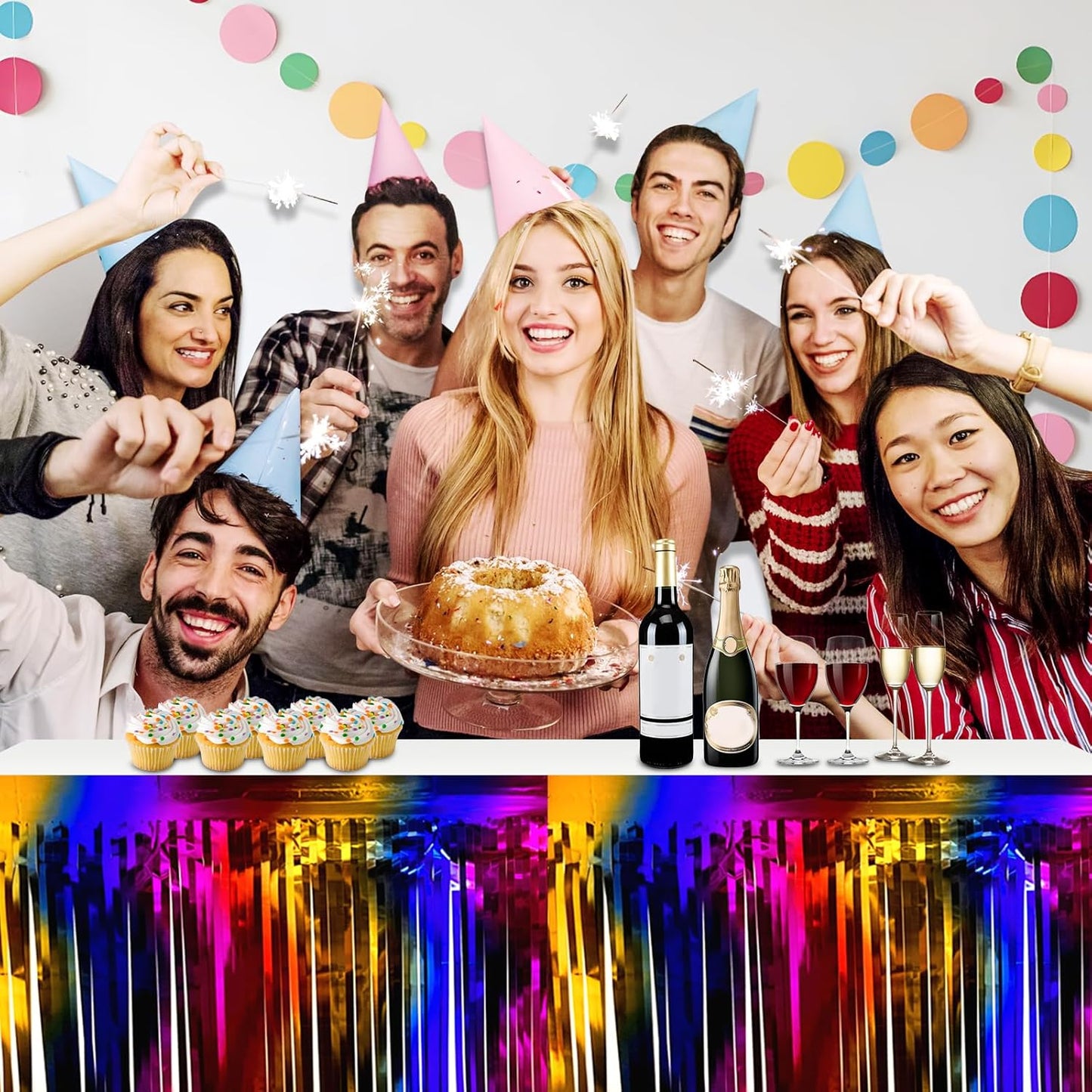 3 Pack 29x108 Inch Rainbow Foil Fringe Table Skirts Metallic Banner for Tinsel Streamer Garland Backdrop for Parade Floats Wedding Thanksgiving Birthday Christmas Halloween Party Decoration