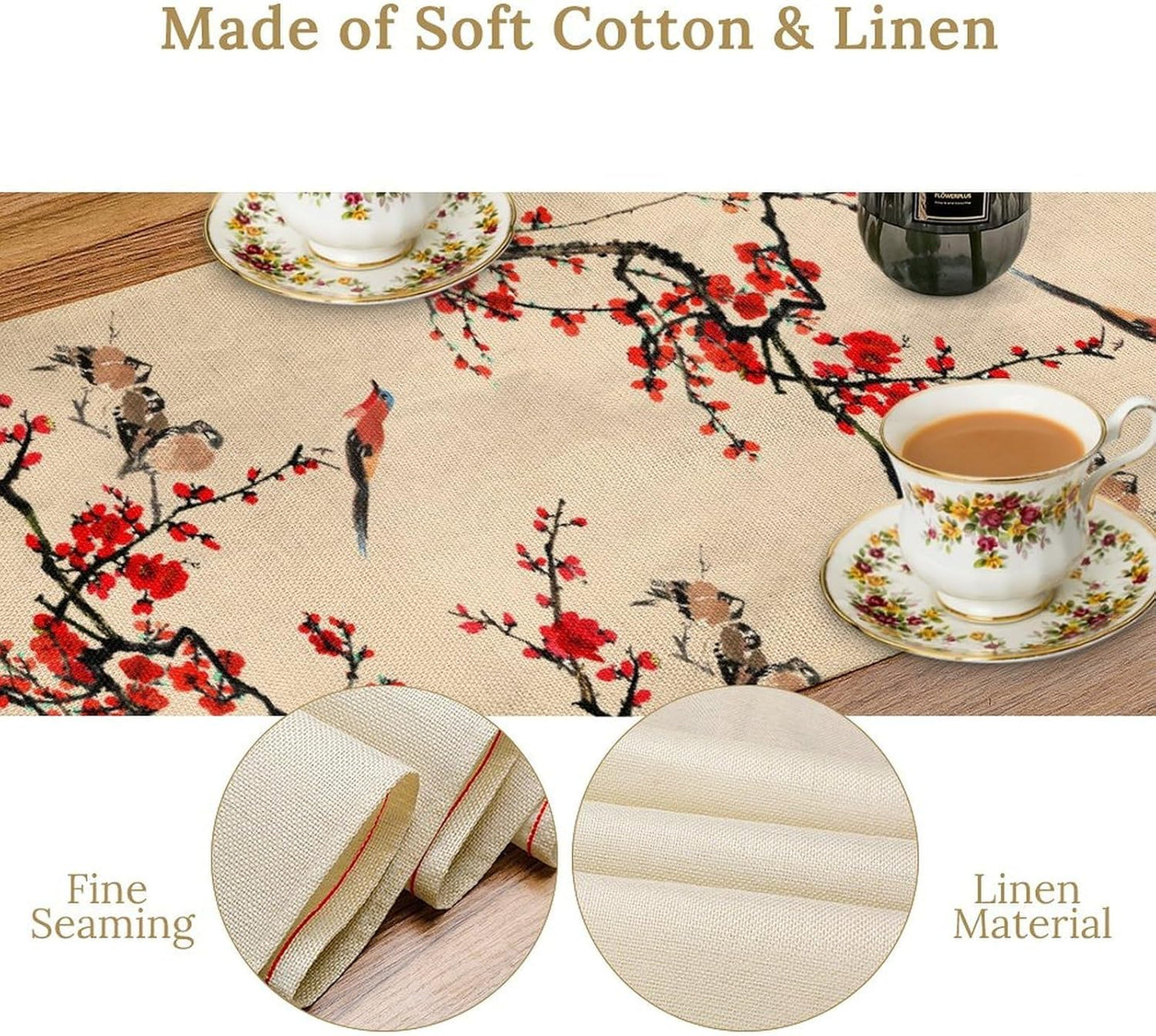 Bird Table Runner,Red Black Buffalo Plaid Blossom Seasonal Table Runner for Kitchen Dining Table Decoration Home Party Decor 13x36 Inch