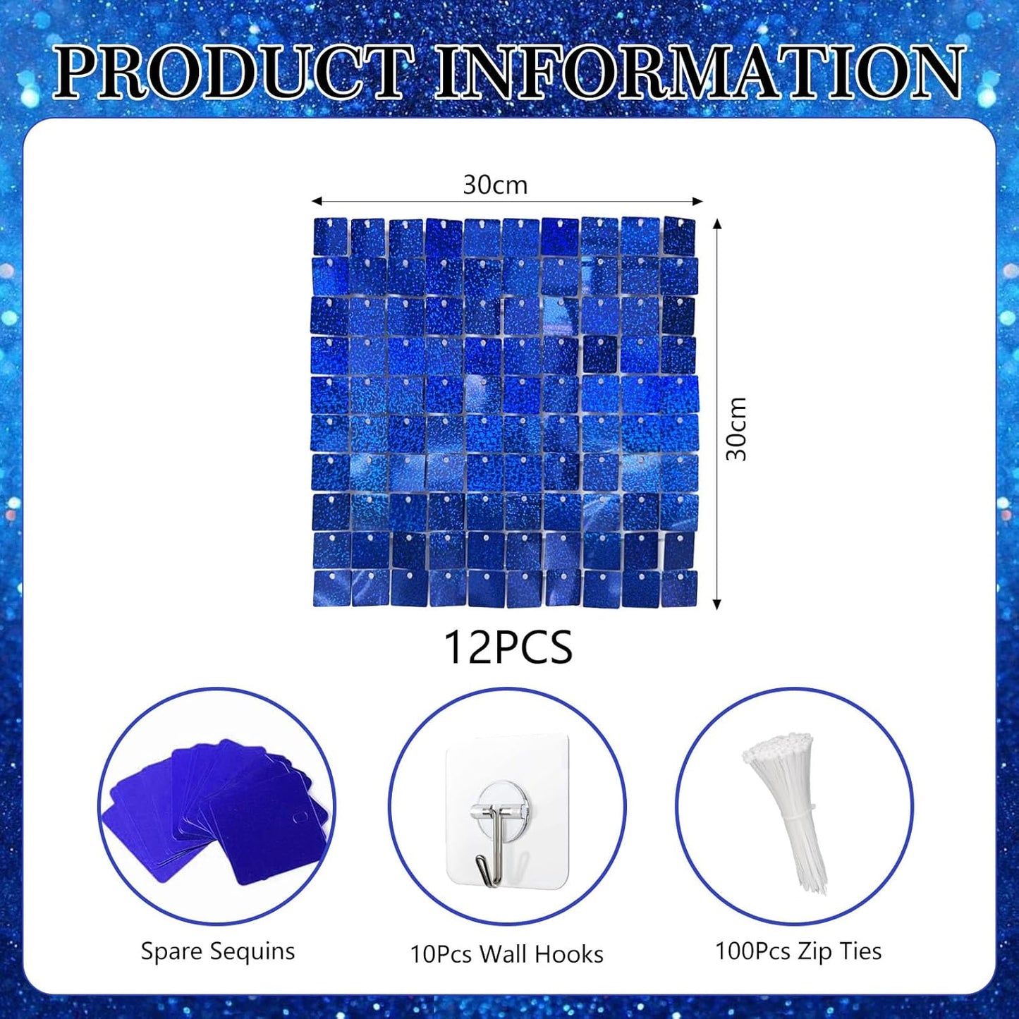 12PCS Royal blue Shimmer Wall Backdrop, Laser Square Sequin Photo Backdrops Panel, Glitter Wall Background for Birthdays, Weddings, Christmas, Engagements, Disco Bachelorette Party Decor (3FTx4FT)