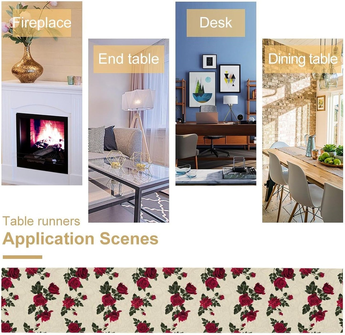 Vintage Rose Table Runner, Red Flowers Green Leaves Valentine's Day Table Runner for Kitchen Dinning Table Runner Decor Home Wedding Party Holiday, 13x90 Inch