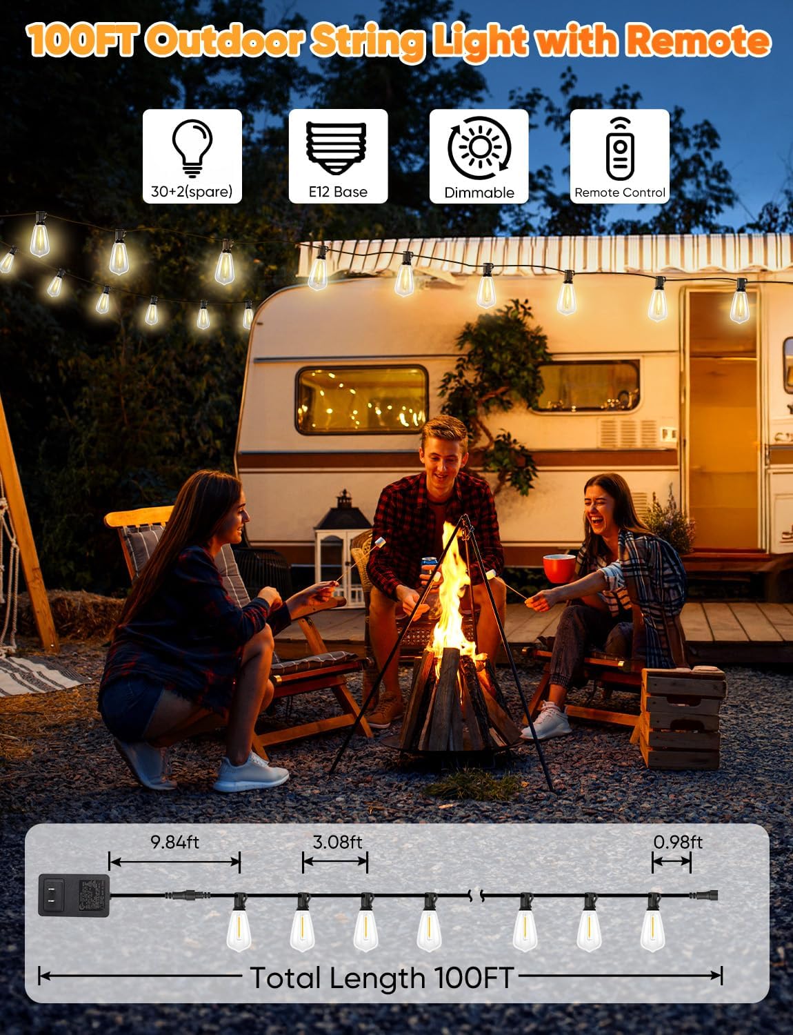 Brightever LED Outdoor String Lights with Remote, 100FT Commercial Grade Waterproof Outdoor Patio Lights, 30+2 ST38 Dimmable Edison Bulbs, 2700K Warm White Rope Light for Outside, Low Voltage 24V