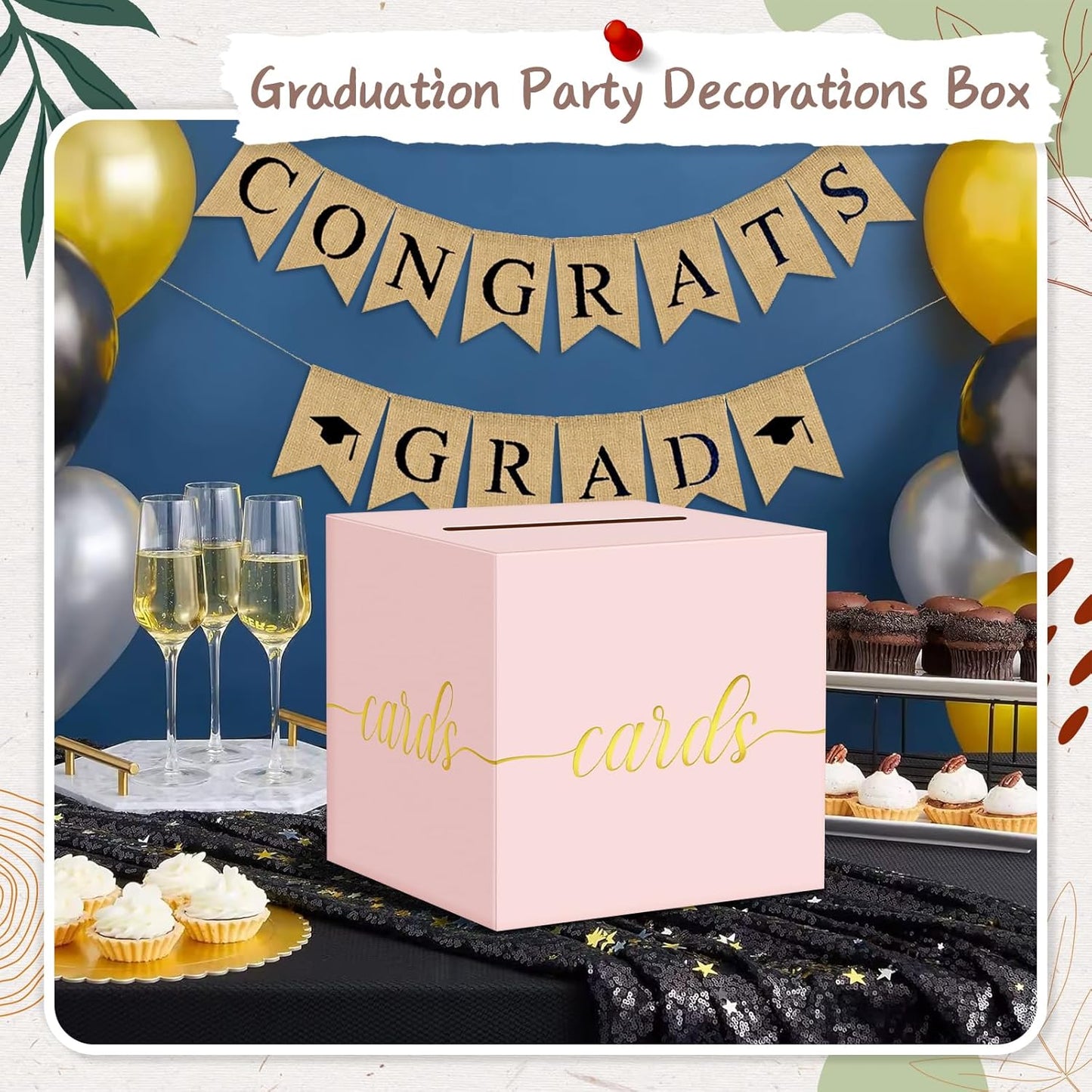 QIKSION Pink Wedding Card Box, Gold Foil Gift Card Box for Party, Wedding Reception, Graduation, Birthday, Baby Shower, Raffle