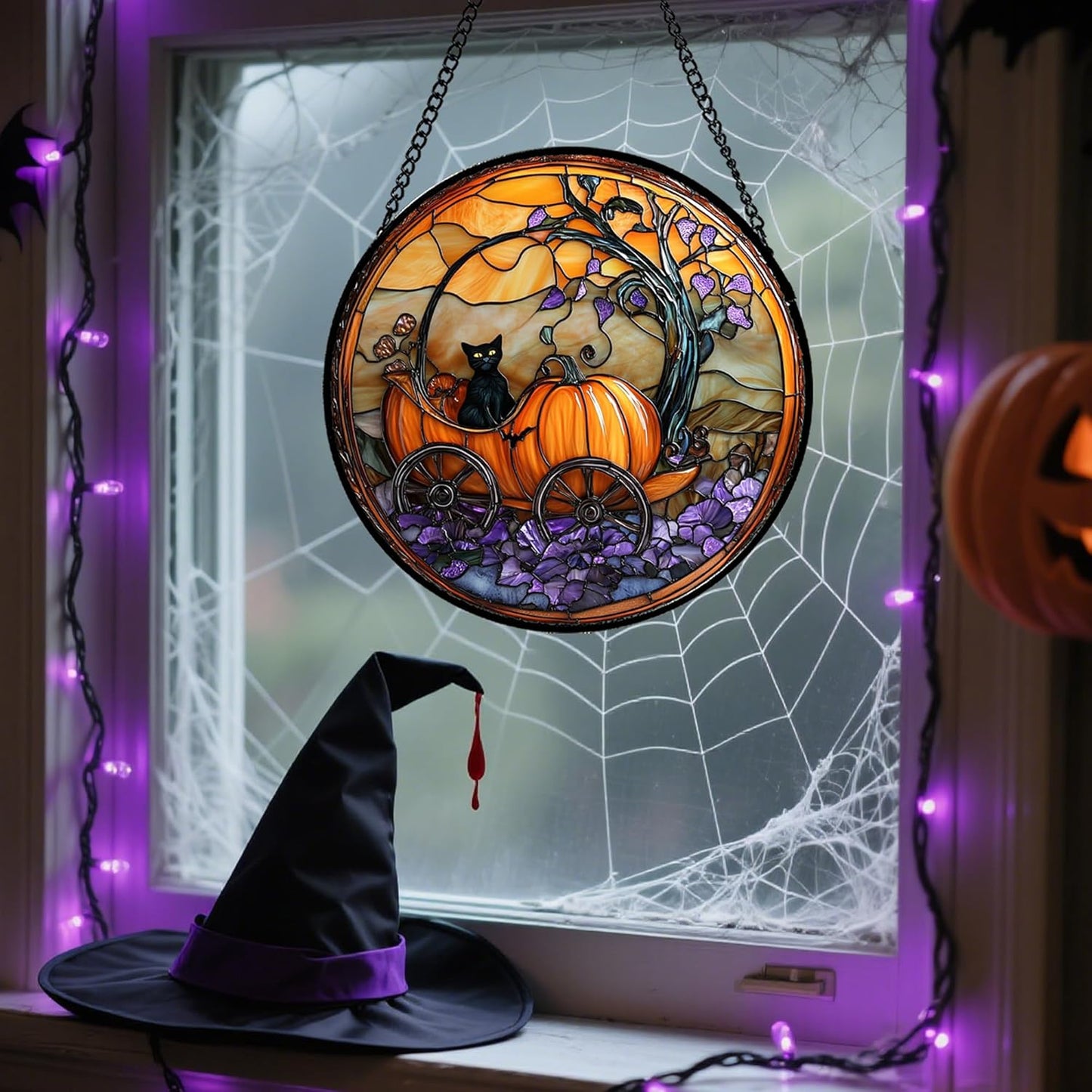 Stained Glass Window Hanging - Halloween Pumpkin Carriage Black Cat Suncatcher for Doors Window Garden Spooky Sun Catchers Gothic Decor Horror Gifts for Women Men Friend Boy Girl 9.8 in