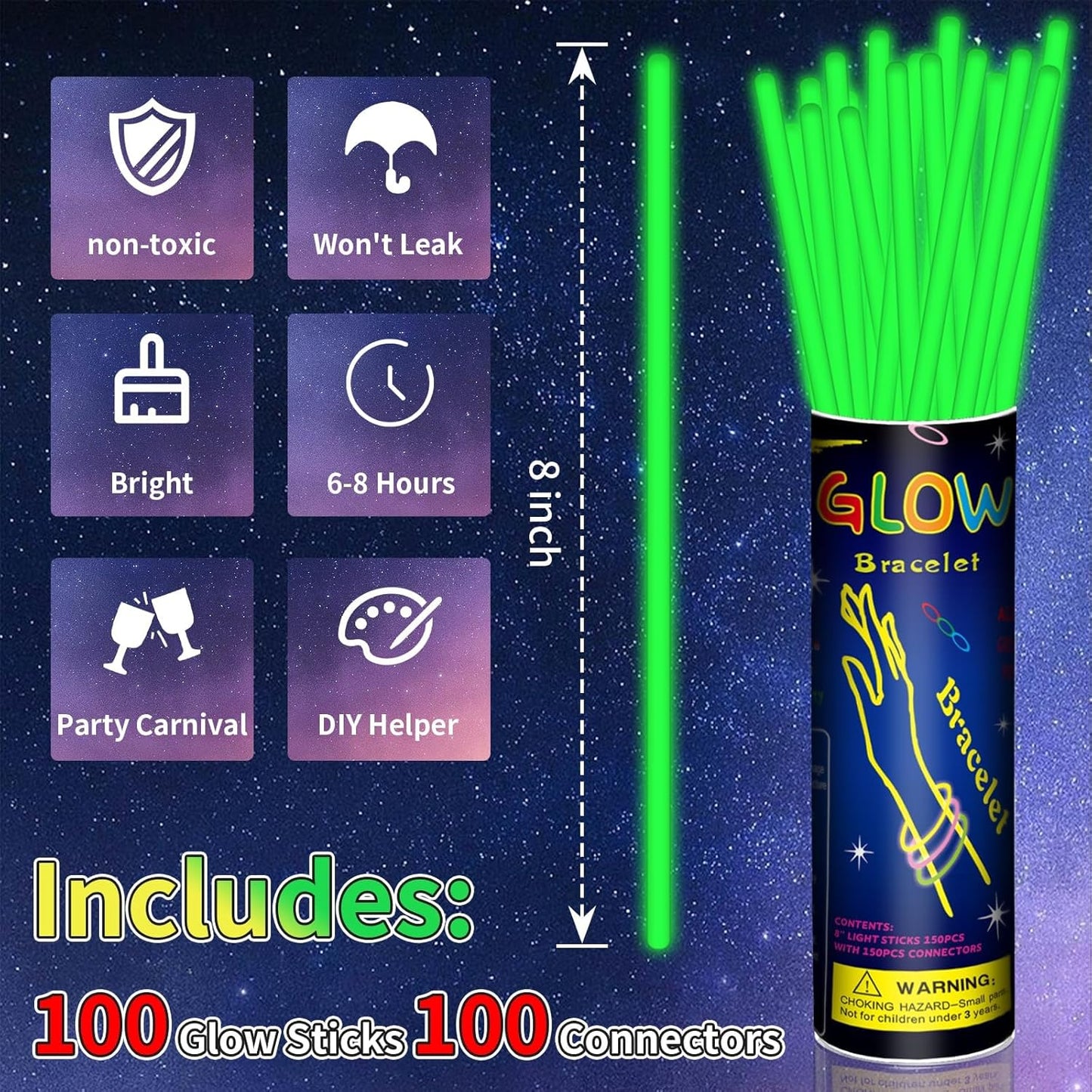 100 Pack 8” Green Glow Sticks Bulk with 100 Connectors Neon Glow In The Dark Party favors Supplies for Holiday Birthday Party Decoration (Green)