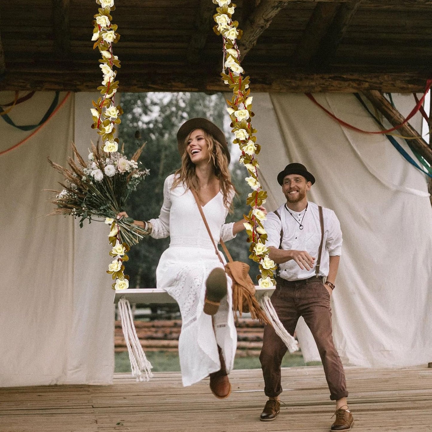 16Pcs 126Ft Cream Rose Garland, Fake Rose Hanging Flowers, Artificial Flower Vine, Hanging Floral Vine Garland for Wedding, Birthday Party, Wall Arch, Halloween, Christmas Garden Backdrop Decor