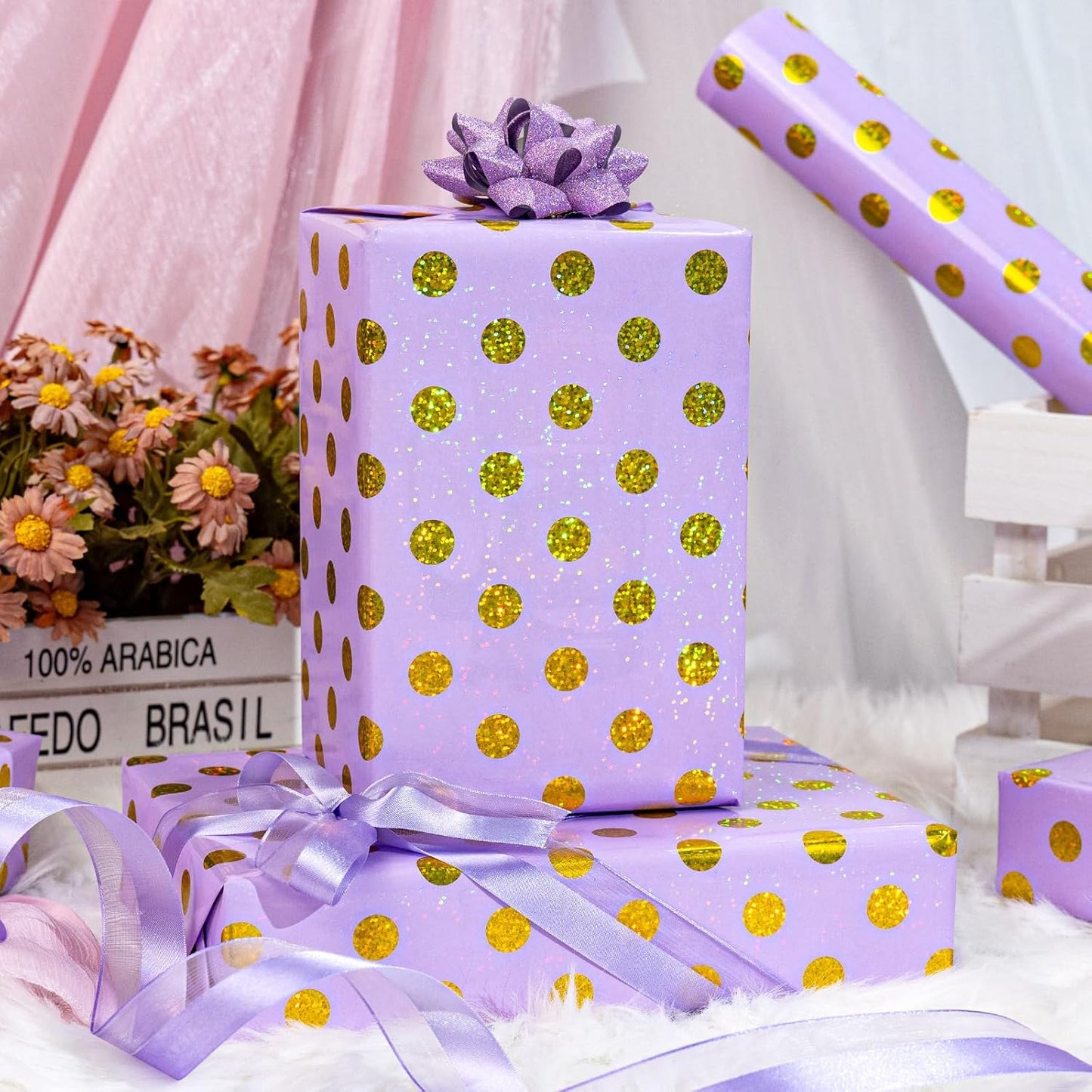 Burymento Purple Holographic Dots Wrapping Paper, Reversible Gold Gift Wrap for Birthday, Valentines, Mothers day, Graduation, Wedding, Fathers day, Baby Shower, Christmas (17in x 16.4ft)