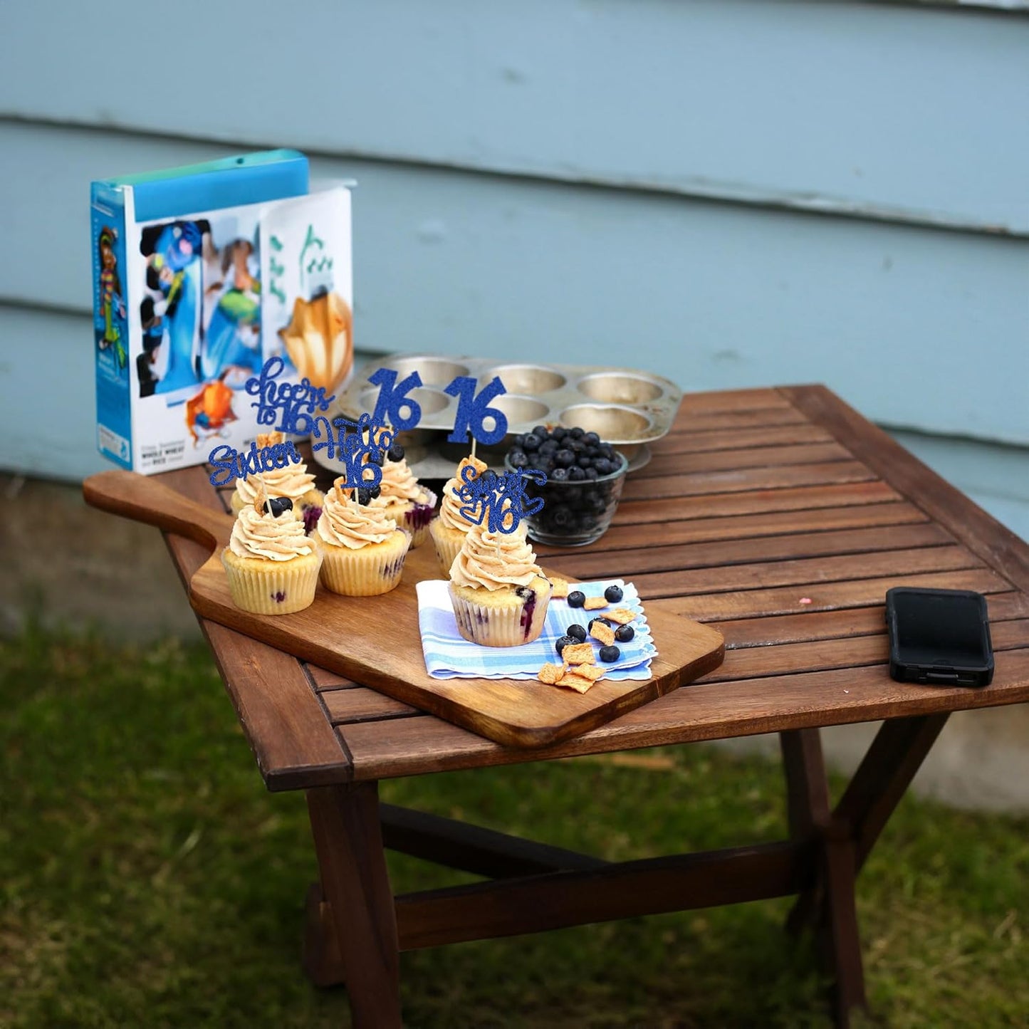 30pcs 16th Birthday Cupcake Toppers - Sixteen Happy 16th Cupcake Picks - Cheers to Sweet 16 Cake Decorations - Deep Blue Glitter