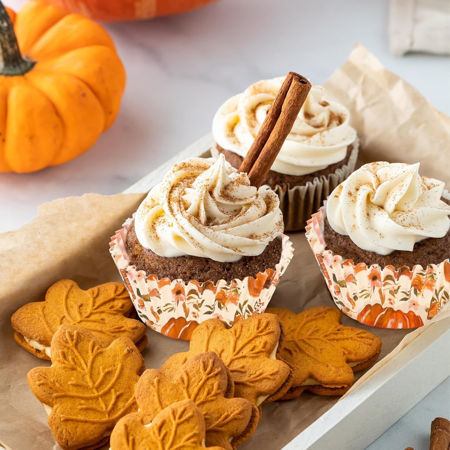 Whaline 300Pcs Fall Cupcake Liners Watercolor Pumpkin Flower Paper Baking Cups Autumn Floral Muffin Liner Cake Paper Cups Storage Container for Thanksgiving Party DIY Craft, 2x1.2 Inch