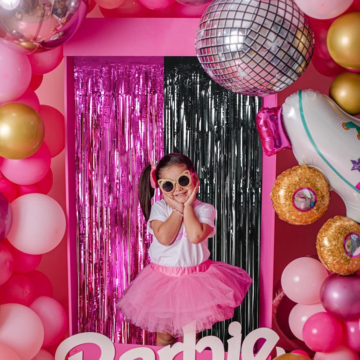 BEISHIDA 4 Pcs Hot Pink Black Door Streamers Curtain Party Streamers Backdrop Pink Party Hot Pink Wall Background for Party Decoration Photo Booth Props(3.28 ft x 6.56 ft)