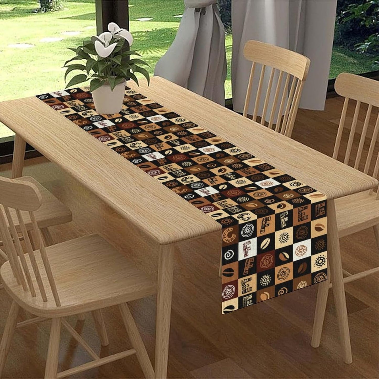 Coffee Theme Table Runner, Rustic Farmhouse Coffee Cup Latte Cappuccino Tea Party Cafe Table Center Decor for Home Kitchen Dining Patio Holiday Party Indoor Outdoor Table Decorations, 13"x108" Inch