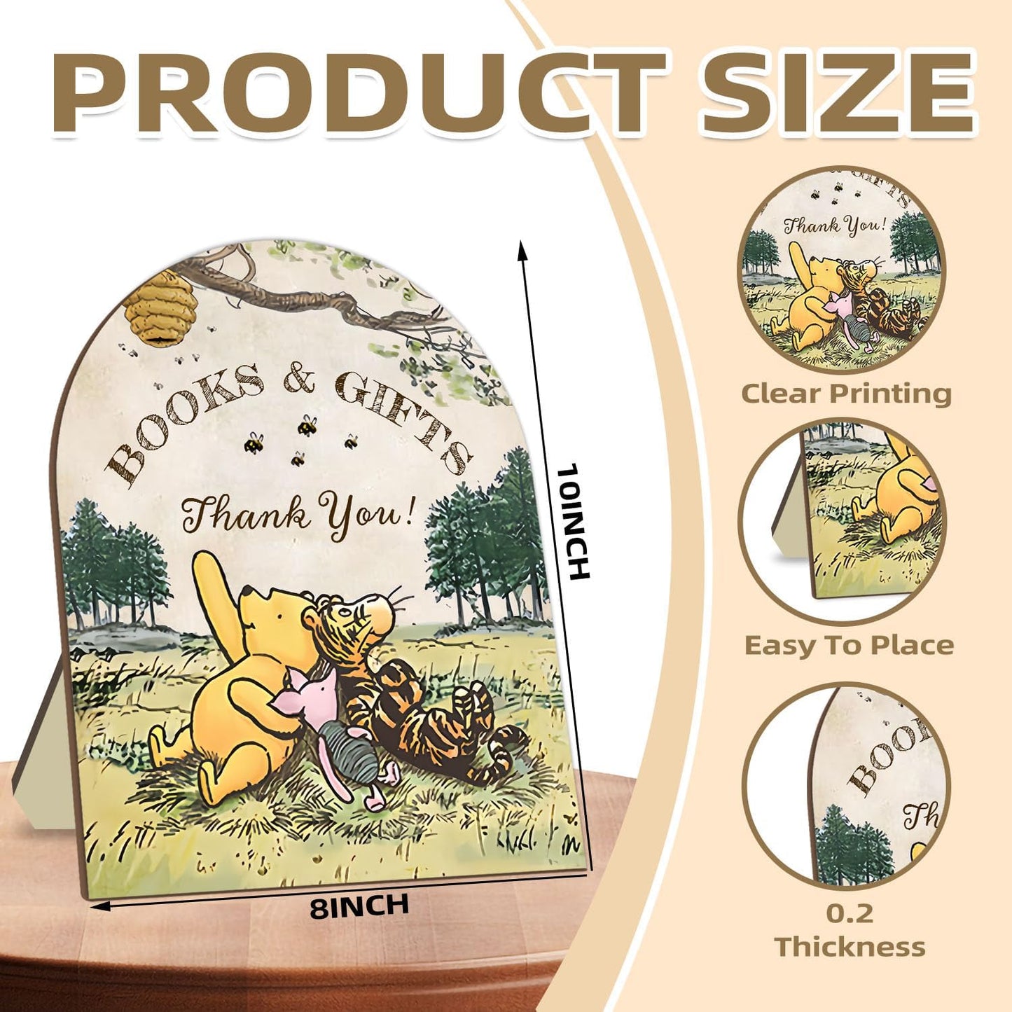 Winnie Books and Gifts Sign, Classic Winnie Thank You Wooden Sign, Bridal Shower Baby Shower Favors, Cute Aniamls Decor Thank You Sign with Stand for Baby Shower Party 8 * 10IN