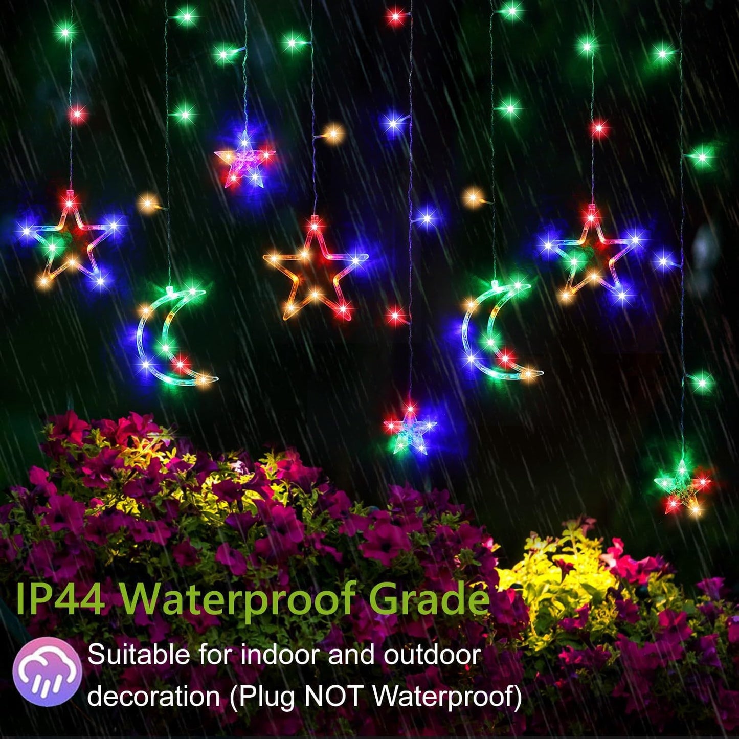 PUHONG Christmas String Lights, 138 LEDs Curtain Lights with 8 Light Modes, 11.48FT Star Moon Indoor Outdoor Fairy String for Window, Bedroom, Wall, Home, Ramadan, Christmas Decoration - Multicolored