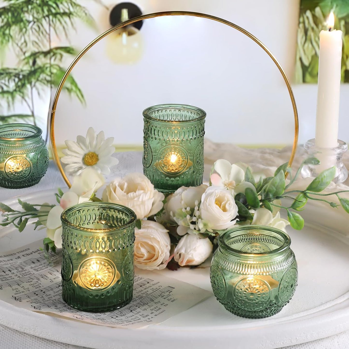 DARJEN 12Pcs Green Votive Candle Holders - Glass Tea Light Candle Holder for Wedding Shower, Candle Holder Bulks for Wedding & Home Table Decor, Vintage Parties Gifts
