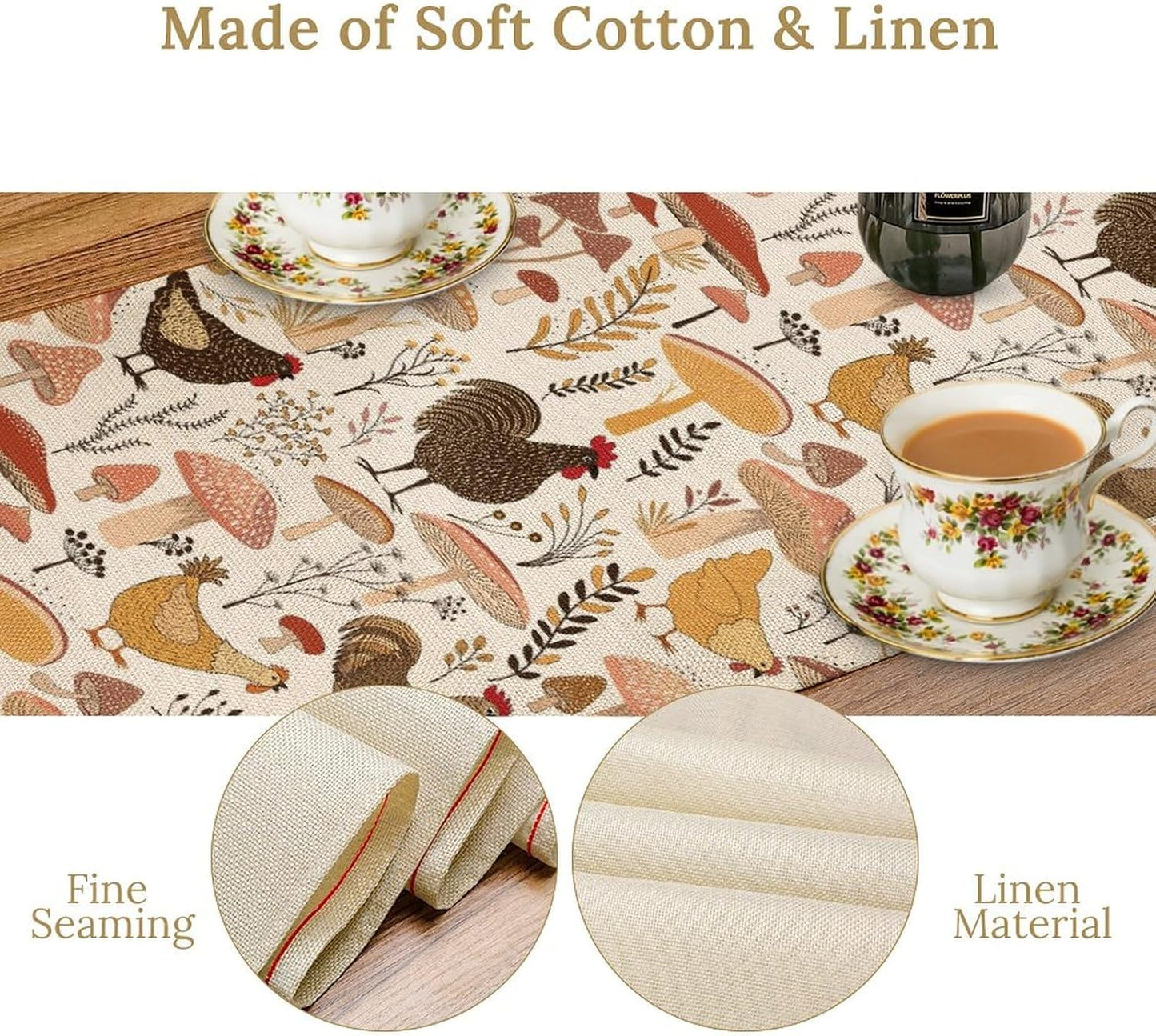 Mushroom Table Runner,Retro Natural Plant Famhouse Table Runner for Kitchen Dining Table Home Party Decoration 13x36 Inch