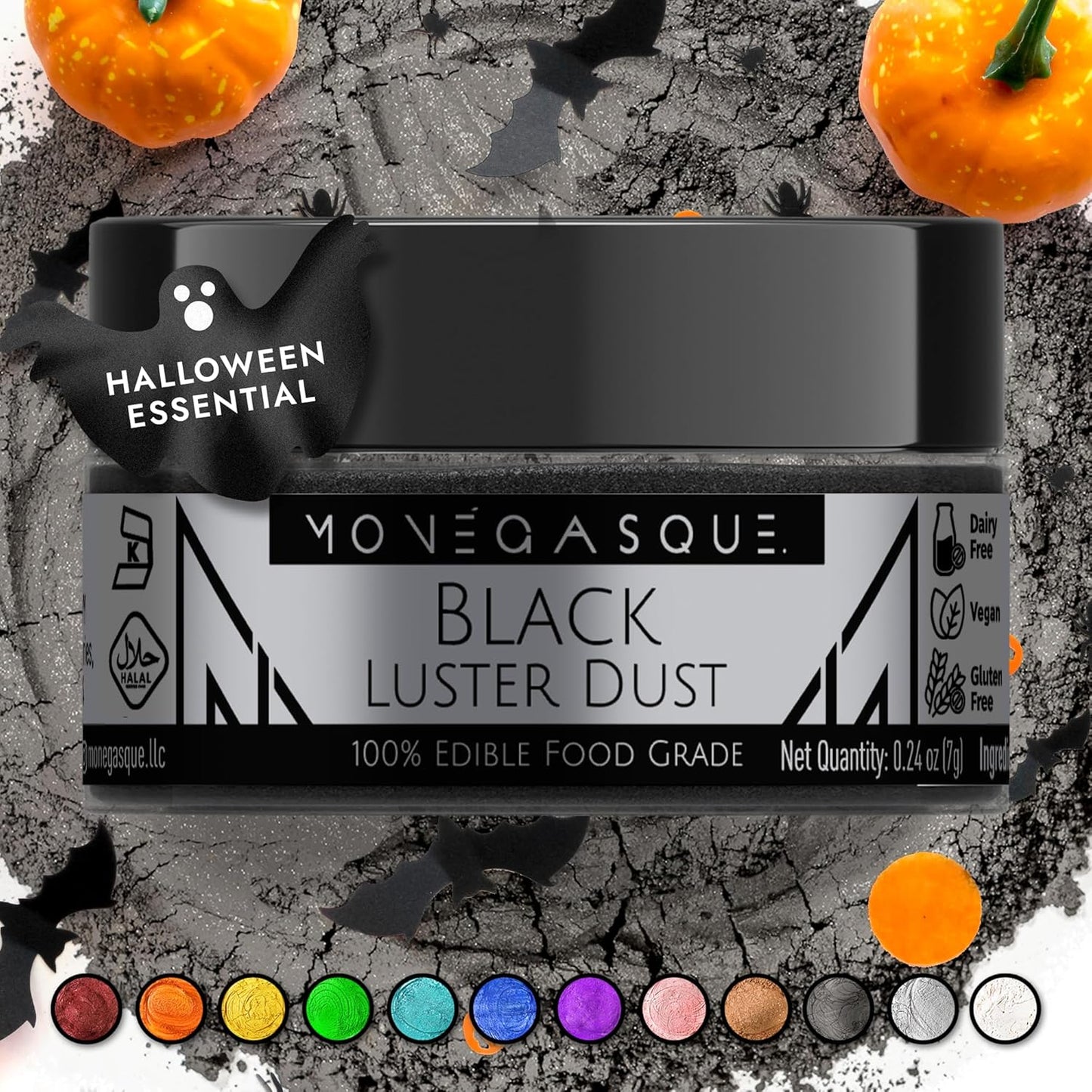MONÉGASQUE Black Edible Glitter for Drinks 7g – Edible Glitter for Cakes & Cocktails - Black Luster Dust for Cocktail & Cake - Halloween Food Decorations, Drink, & Cake Decorating Spray Sparkles