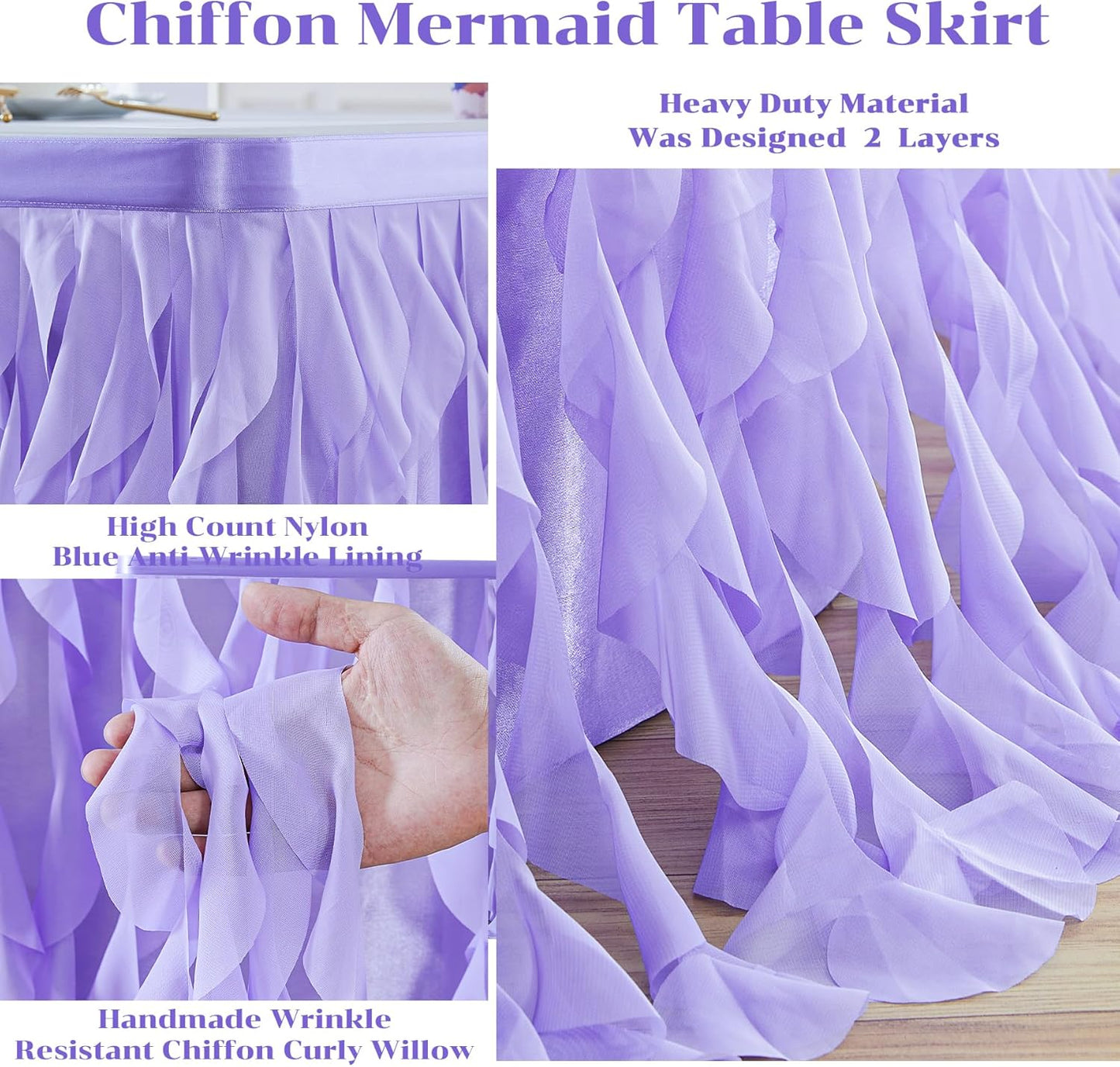 PARTISKY Lavender Purple Tulle Curly Willow Table Skirt for Rectangle Table 17ft, Ruffle Tutu Table Cloth for Girls Boys Baby Shower,Mermaid Birthday Party