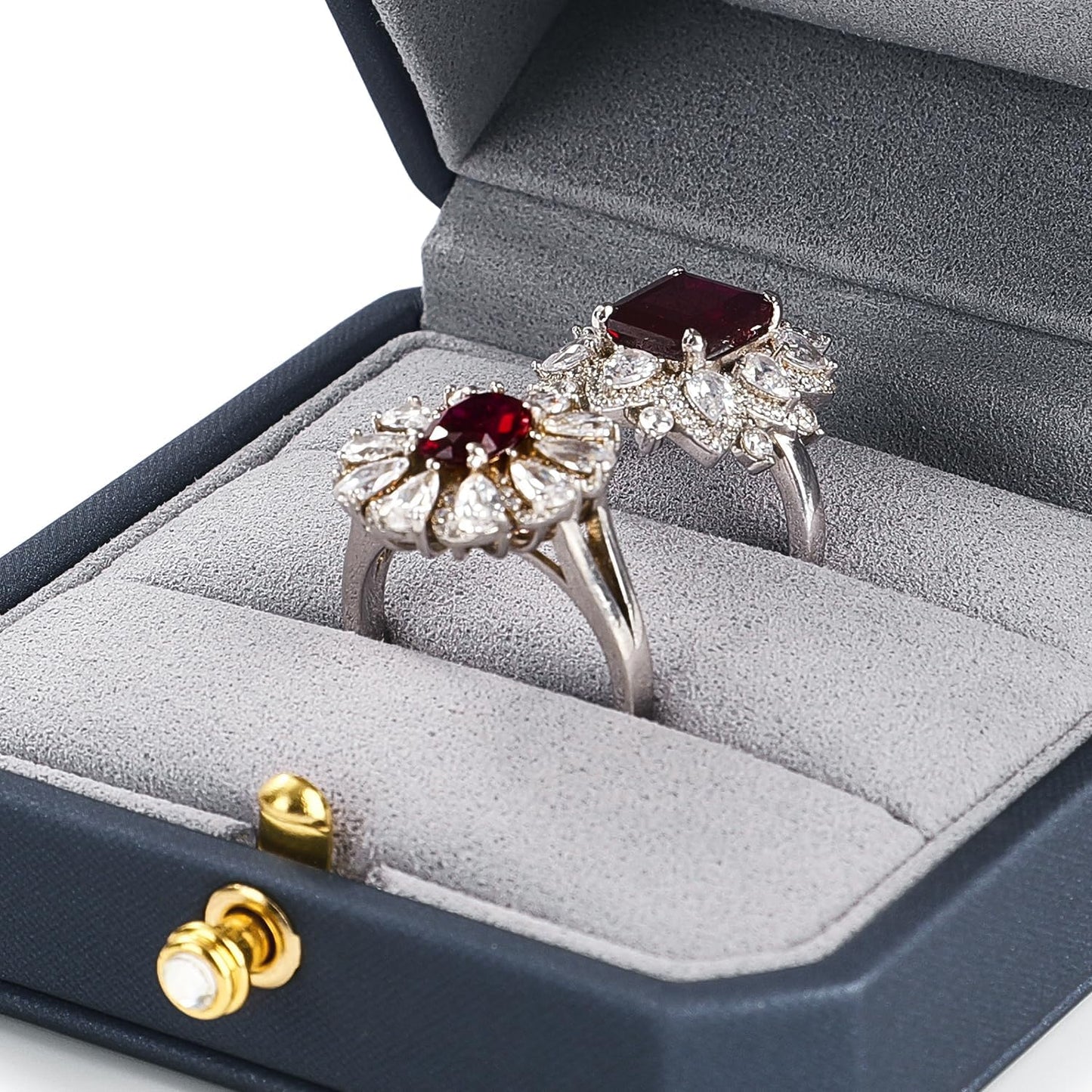 Oirlv Premium Leather Double Ring Box for Wedding Ceremony Engagement Couple Rings Holder Jewelry Gift Box(Blue,Double)