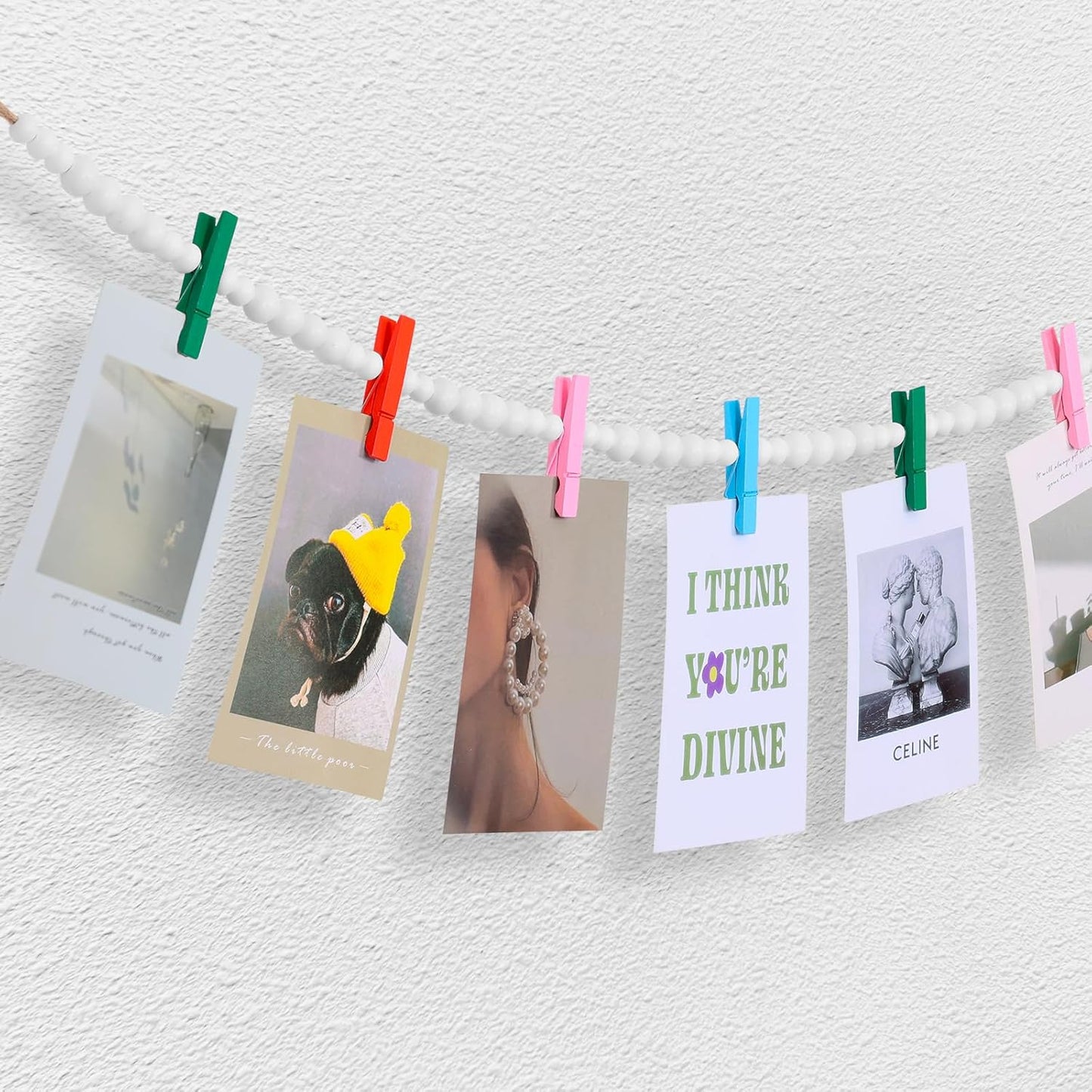 Hanging Photo Display Wall Decor, 2PCS Boho Wooden Bead Garland Collage Picture Frame with 9 Different Random Colors Wood Clips for Boho Bedroom, Living Room, Office, Dorm Decor