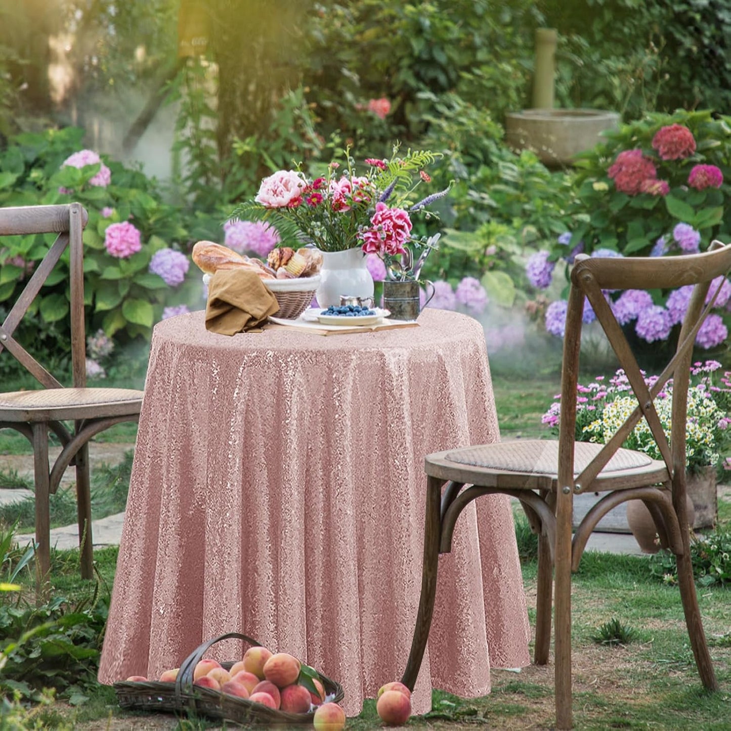 OQSQ Rose Gold Round Sequin Tablecloth, Glitter Tablecloth for Bridal Shower Decorations, Birthday, Wedding, Dessert, Banquet（50X50 inch Round,Rose Gold）