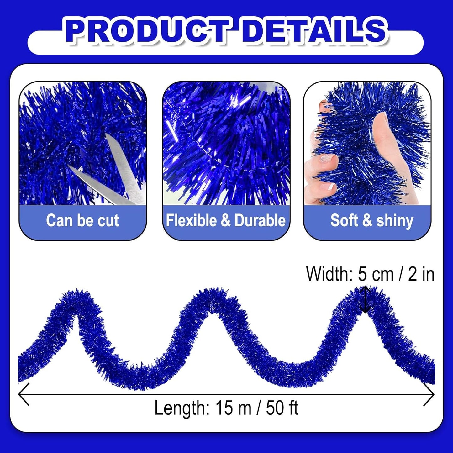50 Feet Christmas Foil Fringe Banner Metallic Tassle Garland Metallic Backdrop Parade Floats Shiny Hanging Ceiling, Valentine's, Wedding, New Year Party Decorations(2" x 50', Blue)