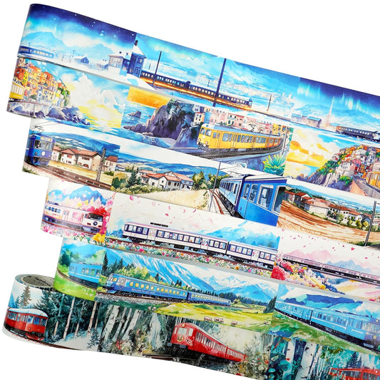 Train Scenery Washi Tape Set – 6 Rolls Travel & Nature Inspired with Clip for Scrapbook Journals DIY Crafts Decoration 1.97"x78.7" 39.37in per Loop