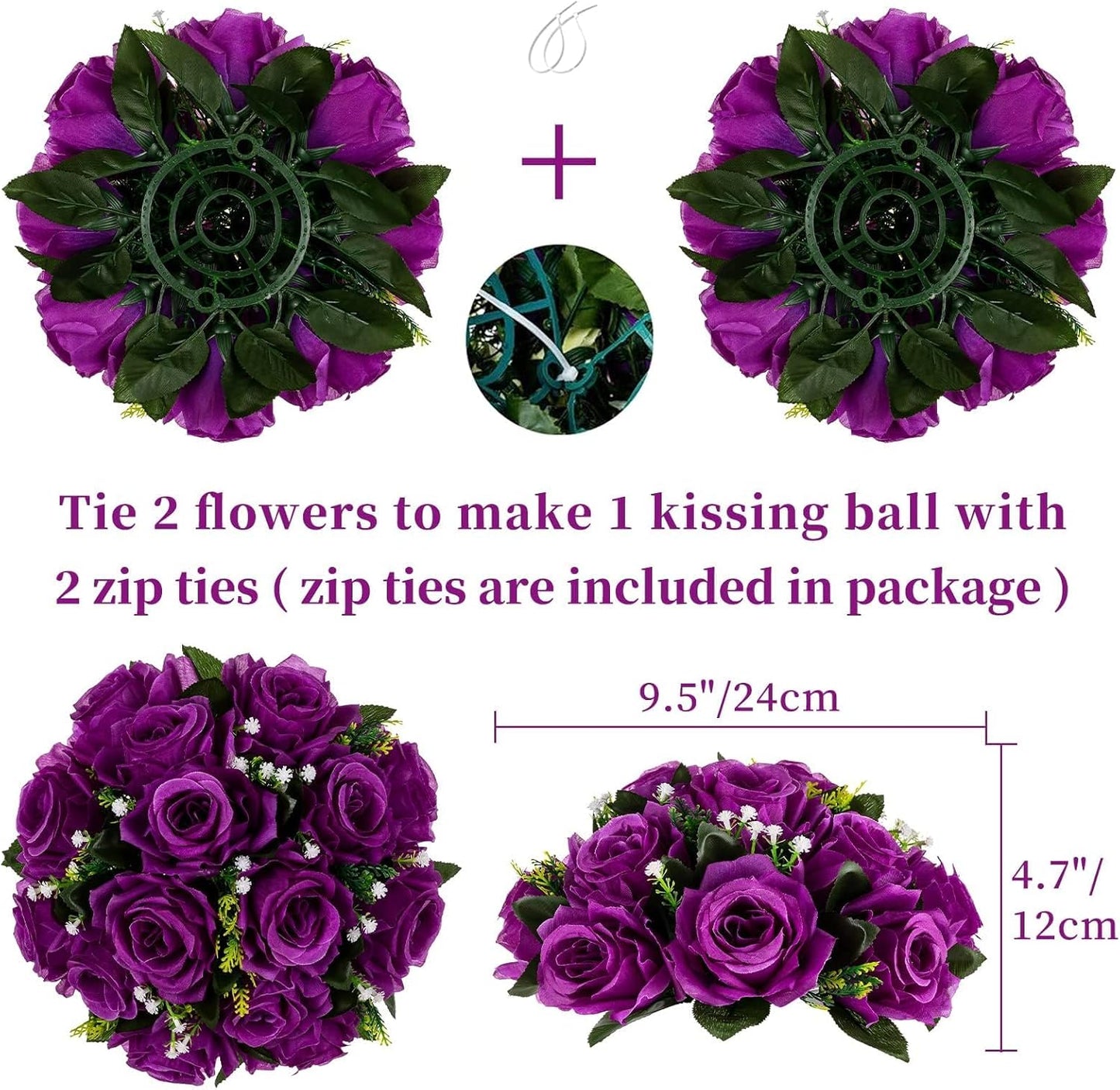 BLOSMON Flower Balls Wedding Rose Centerpieces: 2 Pcs Fake Flowers with Base White Kissing Balls Decor White Artificial Floral Arrangements Flower Bouquet of Roses Home Party Table DIY Decorations