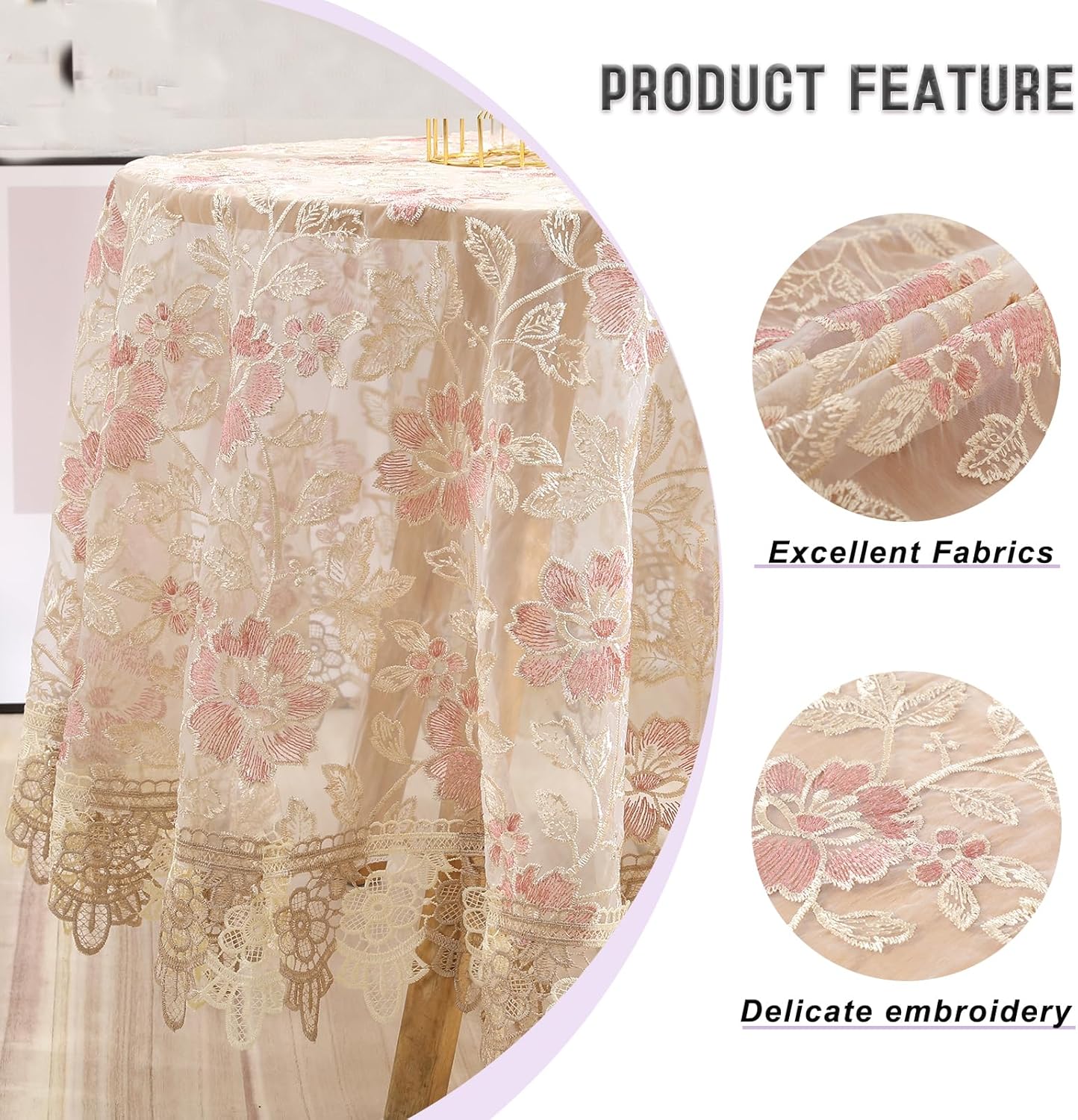 Round Embroidered Lace Tablecloth Vintage Decorative Exquisite Border Table Cover for Party Wedding Home Decorations, Round-35, Pink