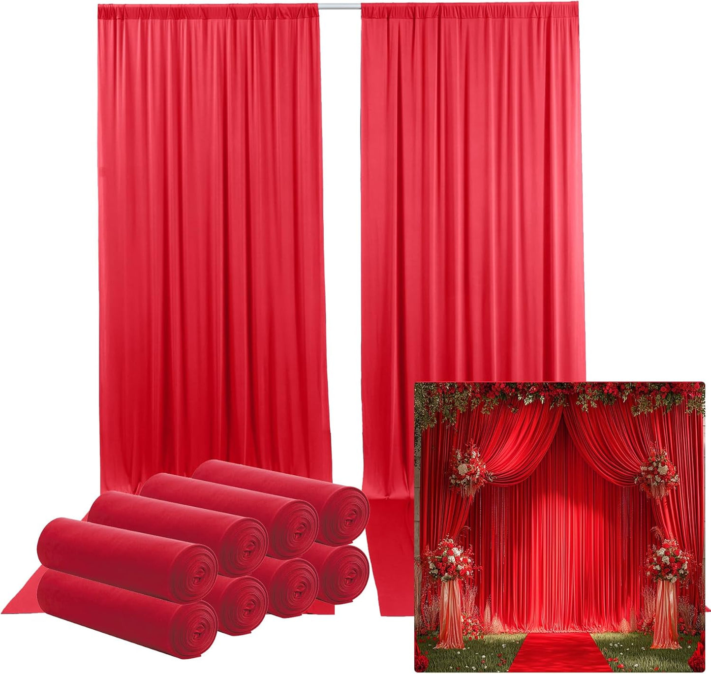 40ftx12ft Wrinkle Free Red Backdrop Curtain, 8 Panels 12FT Height Red Wedding Backdrop Drapes, Silky Polyester Back Drop Cloth for Birthday Photography Background Party Backdrop Draping