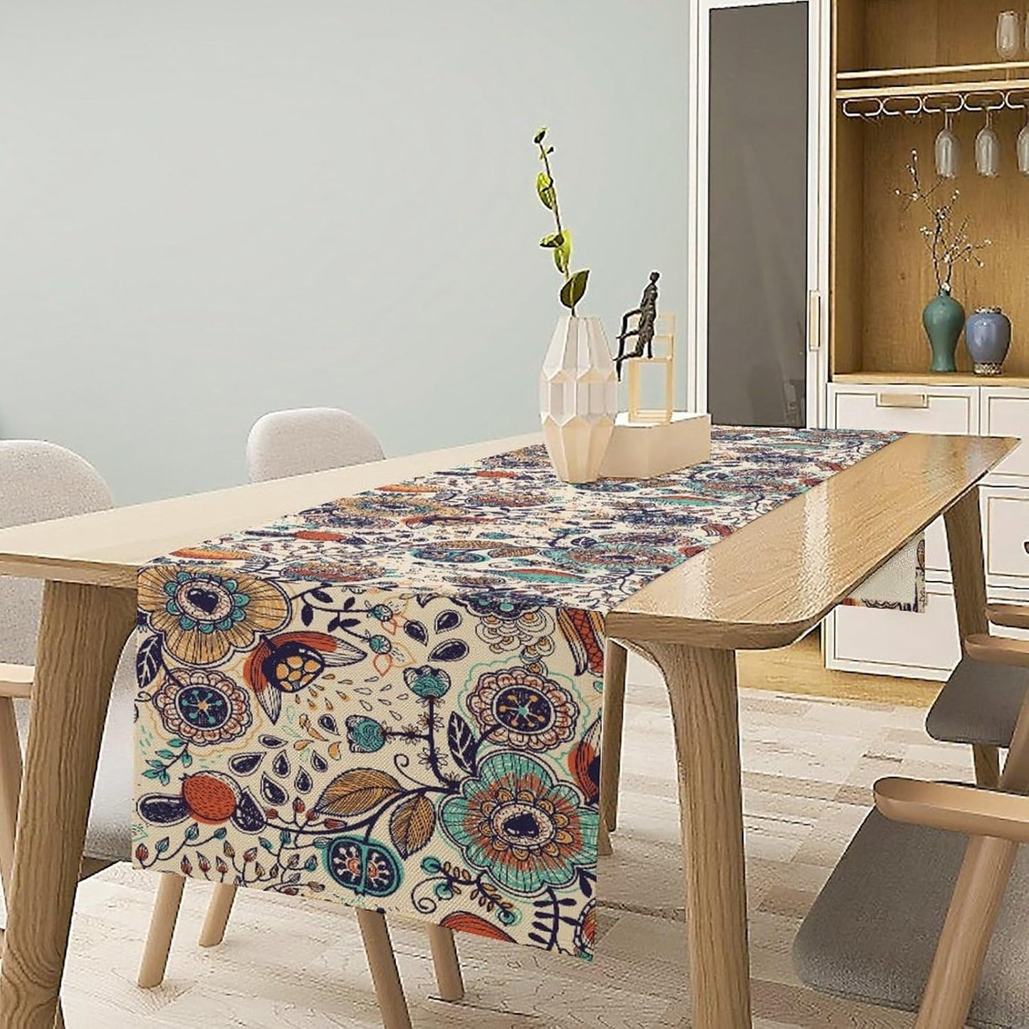 Boho Floral Table Runner,Vintage Flowers Tropical Plants Country Style Table Cloth Kitchen Dining Table Home Party Decoration 13x108 Inch