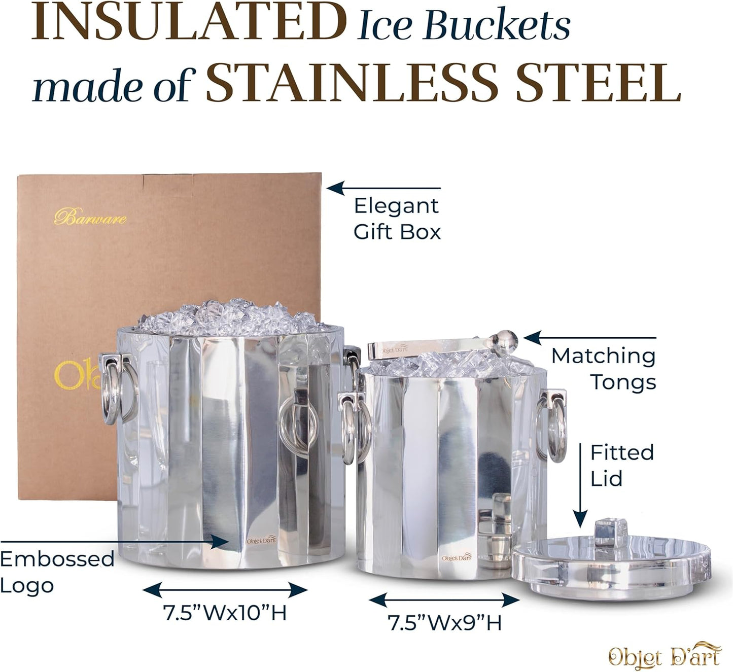 Insulated Ice Bucket for Parties by Objet D’Art, Large Ice Bucket with Scoop Tongs, 2 Stainless Steel Metal Buckets for Party, Double Walled, 2 Liters, Delphi, 7.5 x 9 x 10