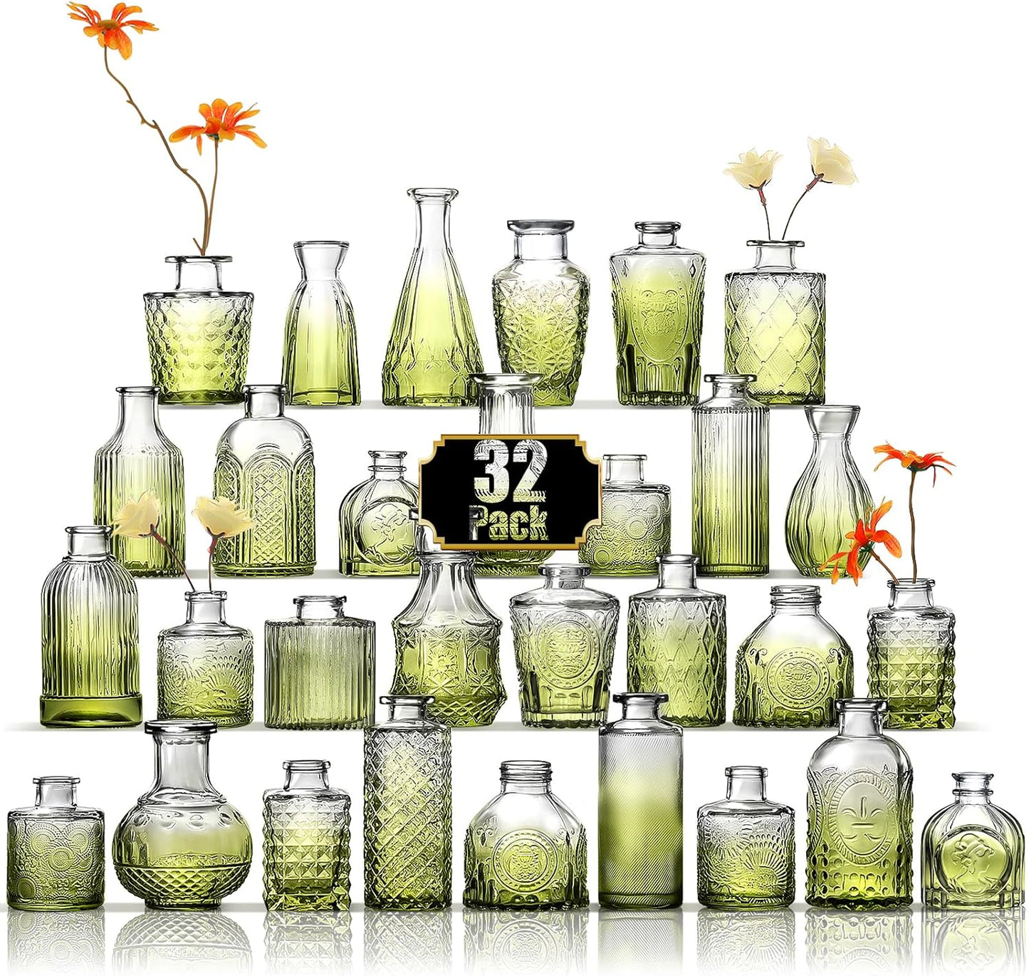 Arme Bud Vase Set of 32, Green Vases Glass Bud Vases in Bulk, Small Vases for Centerpieces Mini Flower Vase Set Cute Vintage Glass Vase Set for Flower Wedding Home Centerpiece Table Decorations