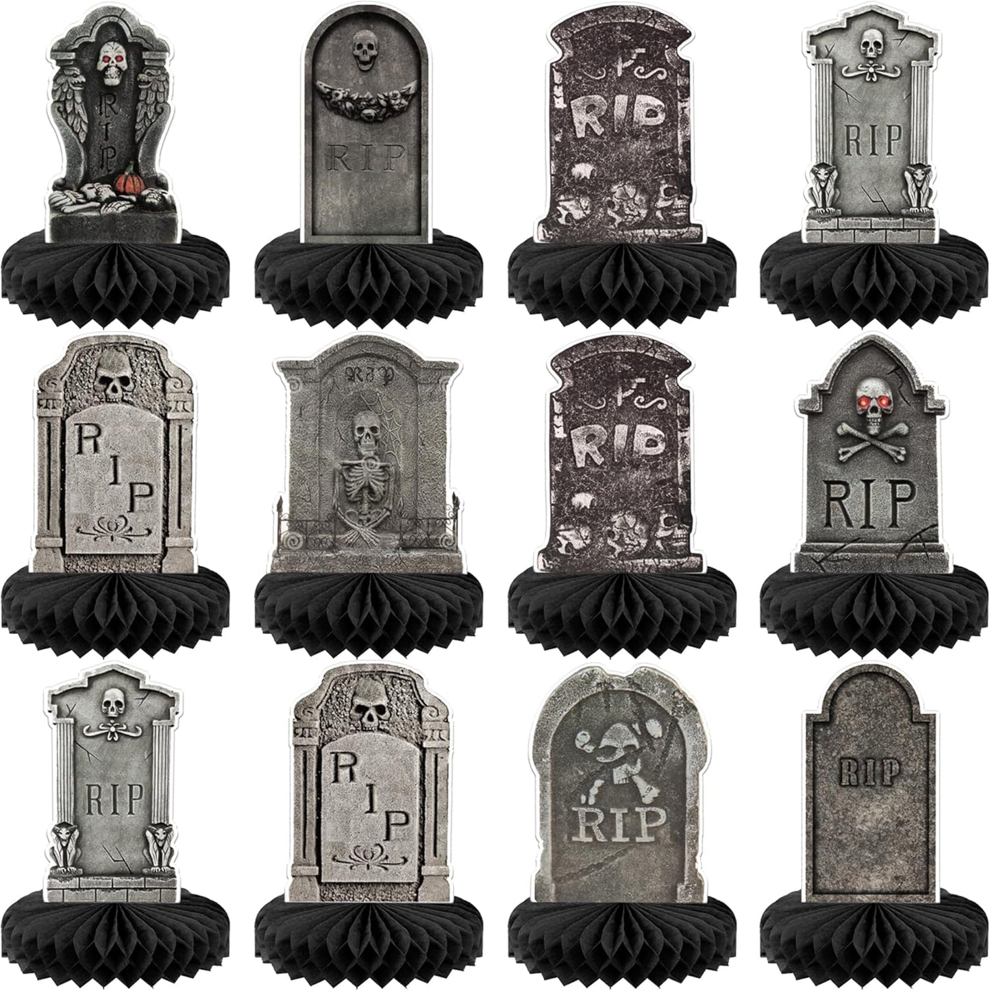 KatchOn, Halloween Tombstone Honeycombs - Pack of 12 | Halloween Table Centerpieces for Tombstone Halloween Decorations | Graveyard Tombstone Paper Honeycombs, Halloween Party Decorations