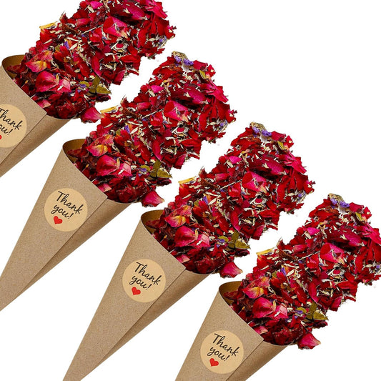 PATIKIL Dried Flower Confetti Cones, 30Pcs Paper Tapers Cone Holder with Dried Rose Petal / Sticker for Wedding Party Engagement Birthday DIY Decoration, Red/Purple