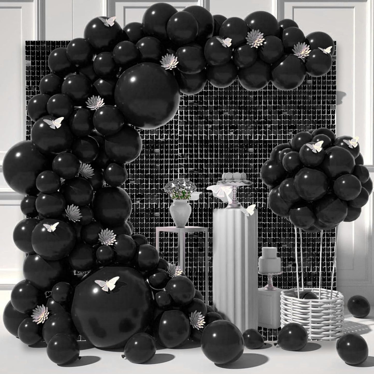 24PCS Black Shimmer Wall Backdrop, Square Sequin Backdrops Panel, Glitter Wall Background for Birthdays, Weddings, Graduation, Engagements, Disco Bachelorette Party Decoration (4FTx6FT)