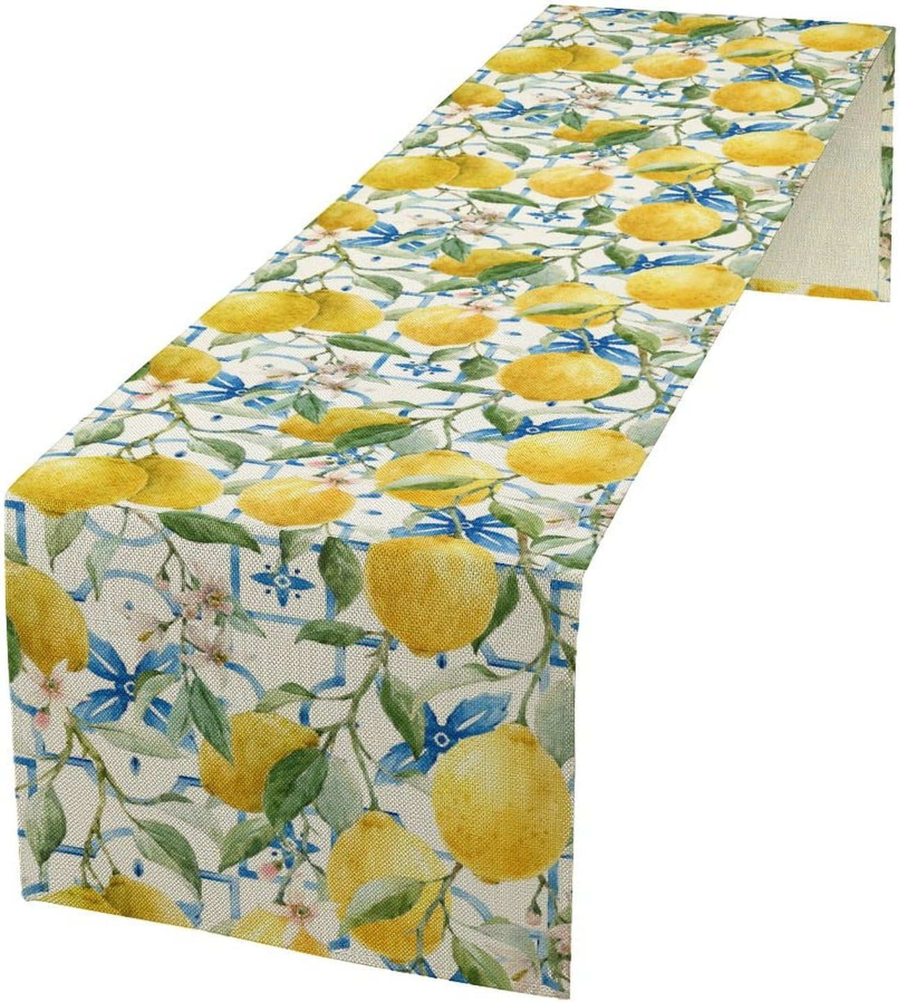 Lemon Table Runner,Watercolor Fruit Green Leaves Spring Summer Table Cloth Kitchen Dining Table Home Party Decoration 13x36 Inch