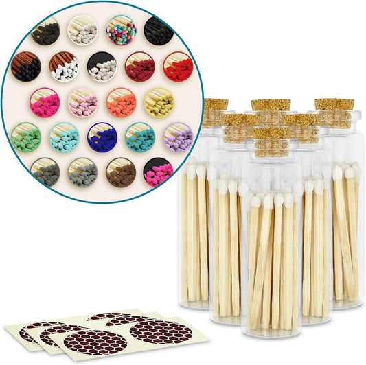 2" Matches in 6 Glass Bottles Cork Top, Striker Stickers Included | 120 Matchsticks Color of Your Choice | Decorative Safety Matches w/Small Glass Holder | Gifts & Home Decor by Thankful Greetings