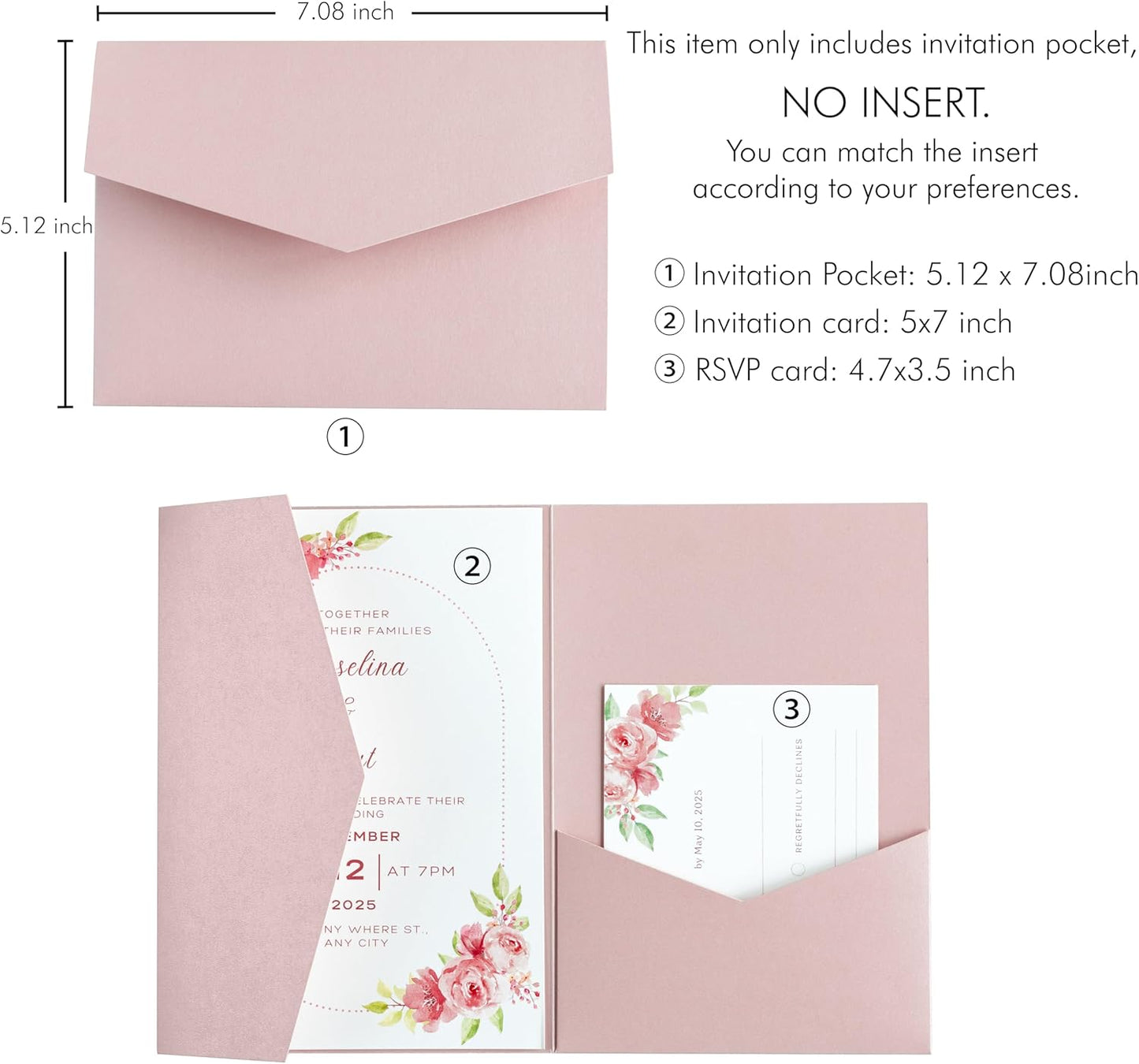 20 PCS Blush Pink Tri-fold Laser Cut Wedding Invitation Pockets for 5x7 Wedding Cards Bridal Shower Engagement Quinceanera Invitation
