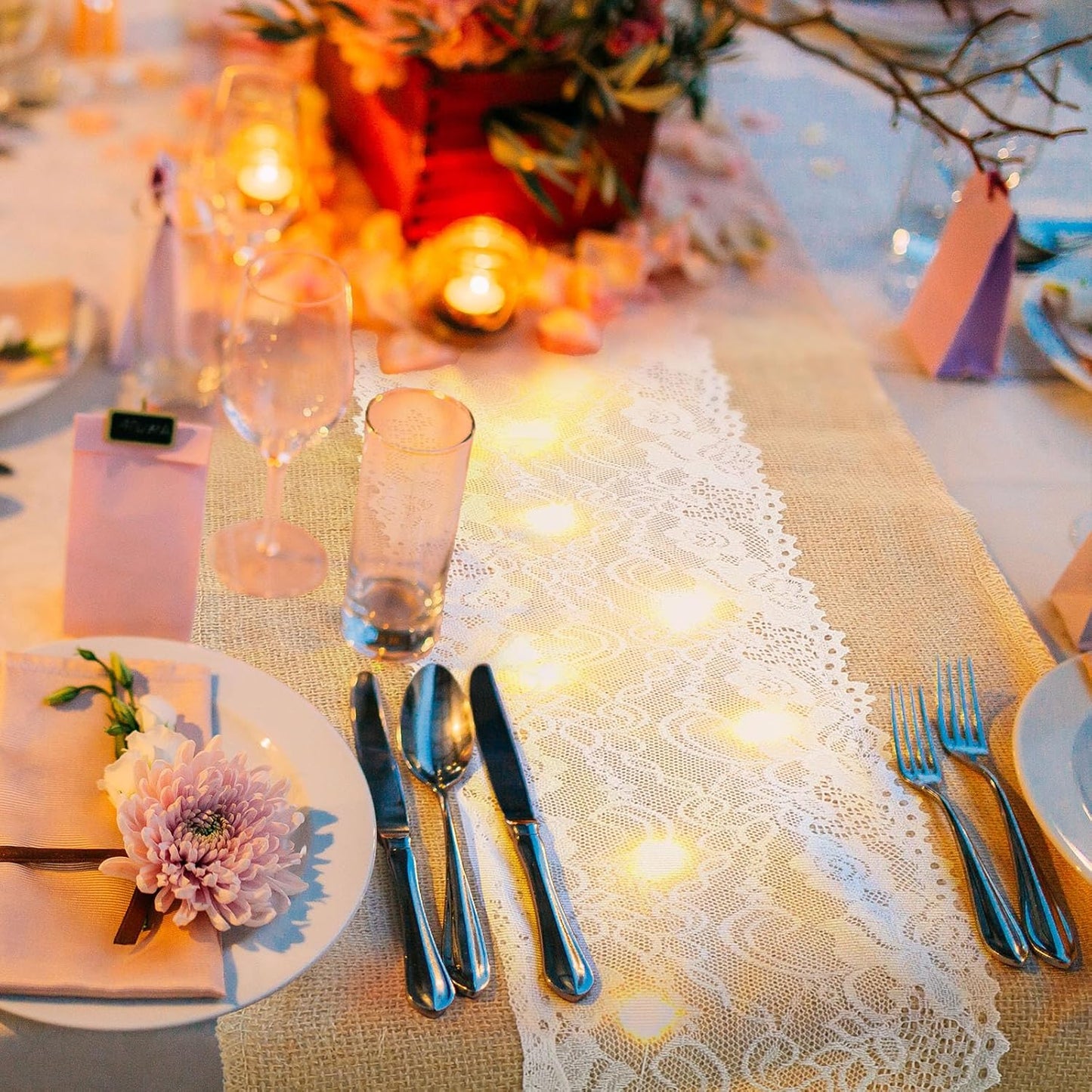 Xinnun 6 Pack Burlap Table Runner with LED String Lights, Modern Rustic Lace Natural Vintage Boho Jute Wedding Table Decor for Farmhouse Thanksgiving Christmas(Thanksgiving Harvest Style,12x70 Inches)