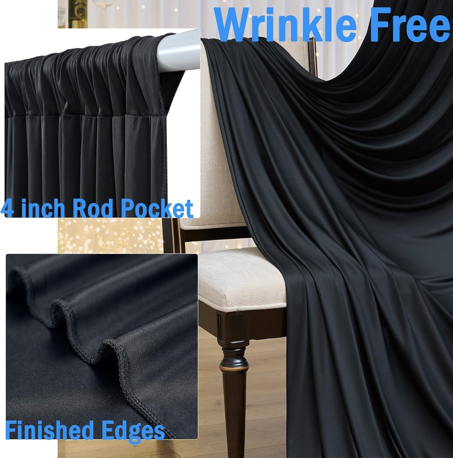 10x10ft Wrinkle Free Black Backdrop Curtain for Parties, Silky Polyester Photo Backdrop Drapes Back Drop Cloth for Wedding Birthday Graduation Photography Photoshoot Decor 2 Panels 5x10ft