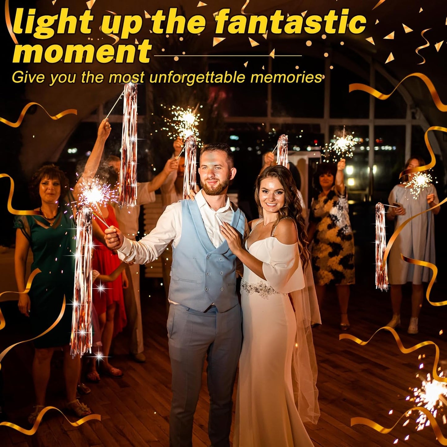 50 Pcs Wedding Fairy Wands with Bells Foil Tinsel Ribbon Stick Wands Tinsel Party Streamers with Bell Glittery Bridal Wedding Send Off Ideas Holiday Celebration (Rose Gold)