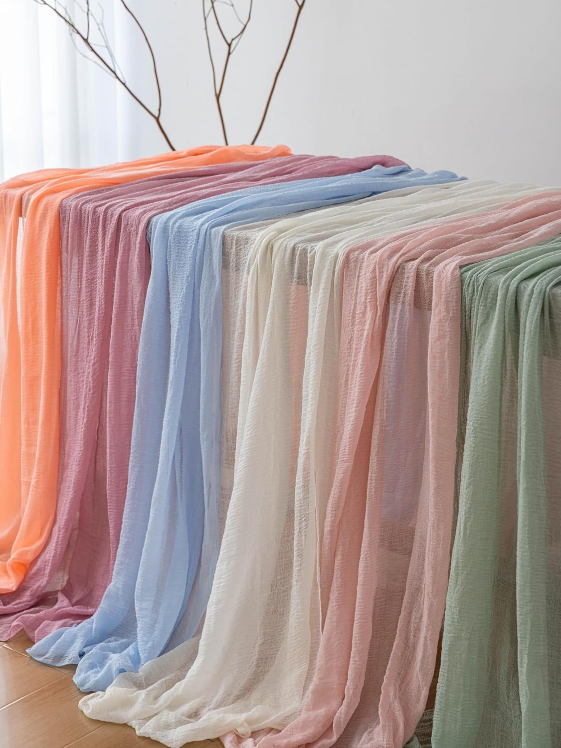 6pcs Light Blue Gauze Rustic Cheesecloth Table Runner 120 Inch 10 FT for Wedding Baby Shower Bridal Shower Birthday Engagement Garden Outdoor Party Long Sheer Boho Decorations