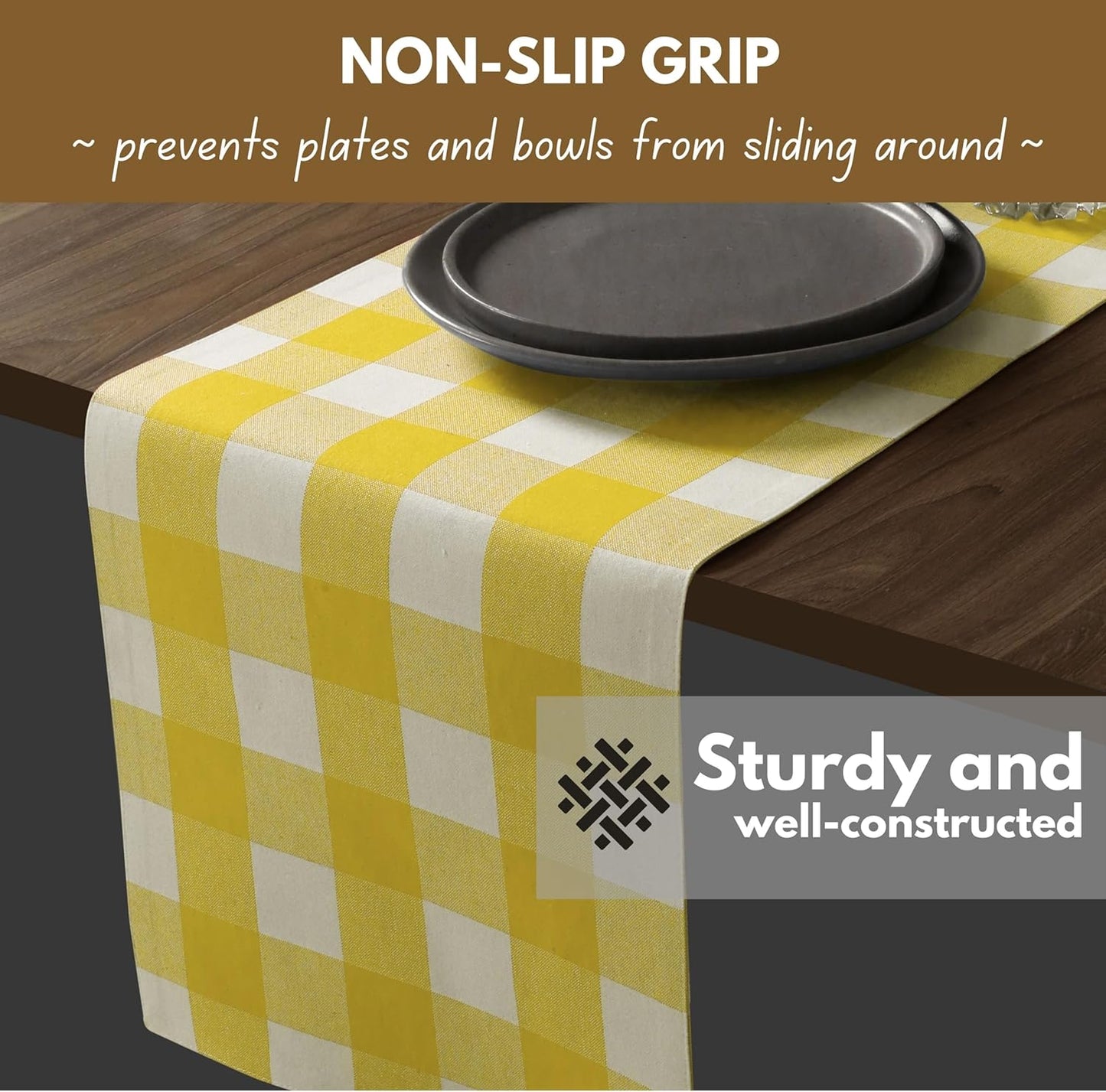 Native Fab Table Runner Buffalo Check Plaid 100% Cotton - 13x90 Inches Kitchen Dining Table Decoration for Indoor Farmhouse Home Decor - Lemon Yellow and White