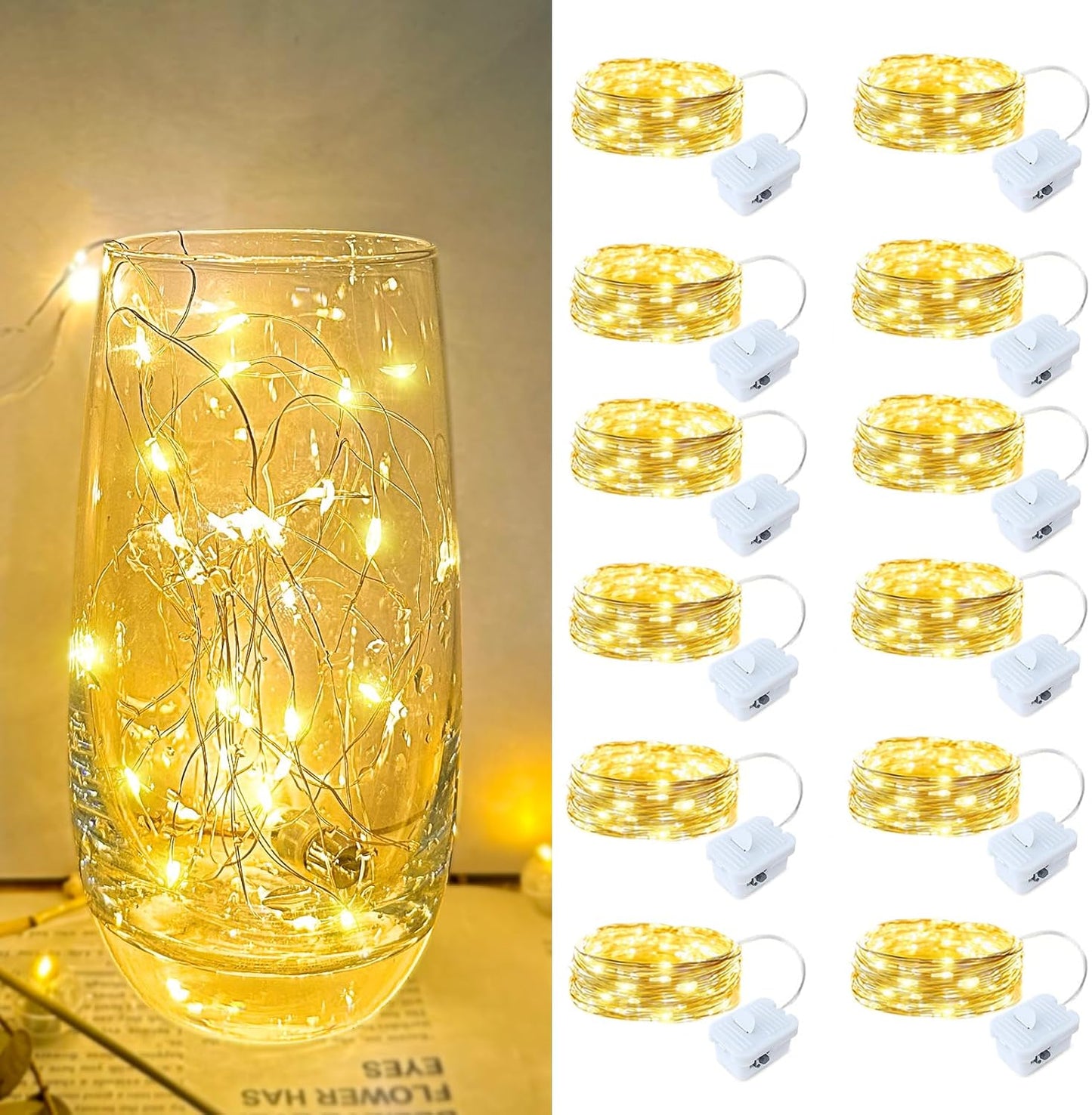 12 Pack Led Fairy Lights - Warm White, Battery Operated LED Silver Wire String Lights, 7FT 20LED Mini Firefly Starry String Lights Waterproof Led Twinkle Lights for Mason Jar DIY Christmas Decor