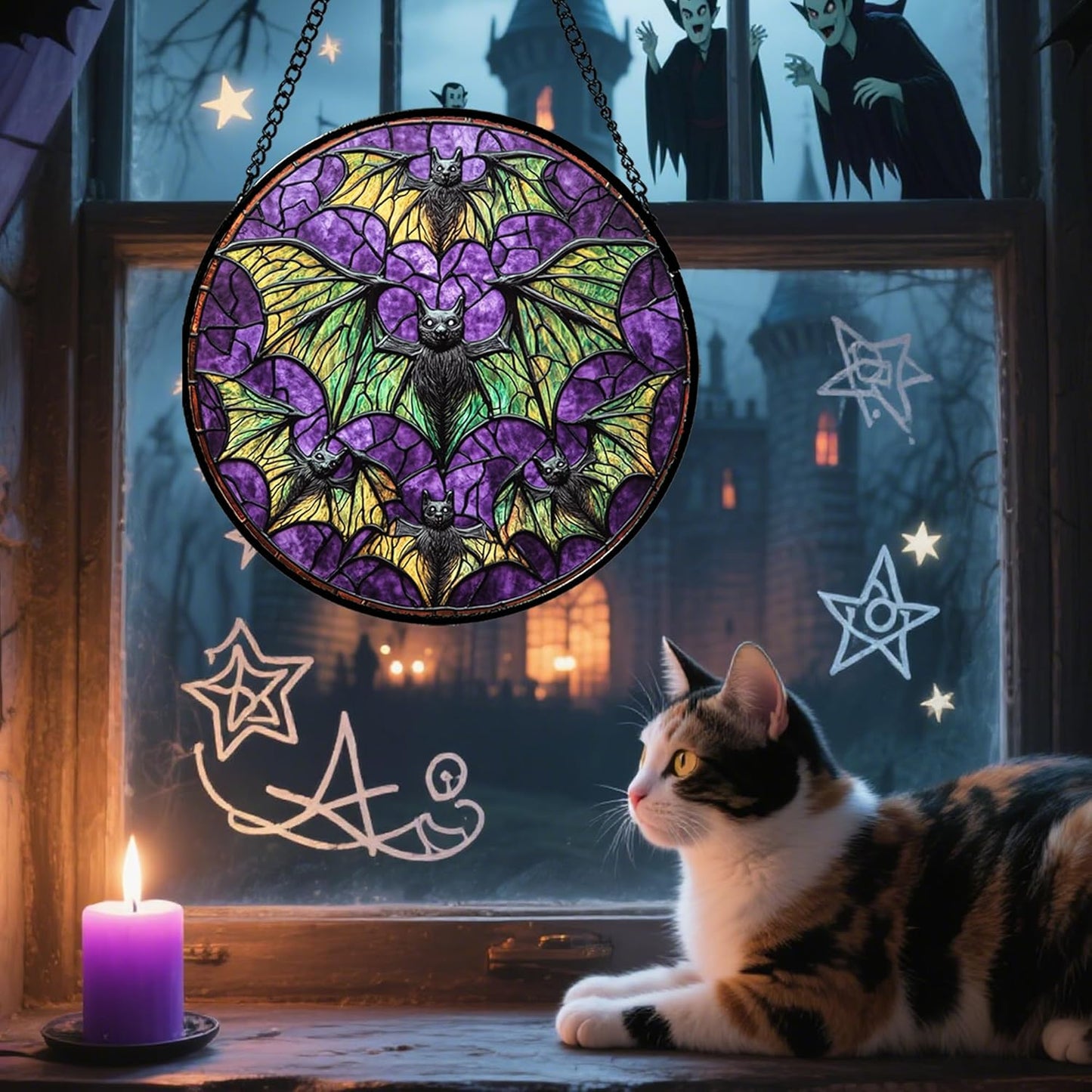Stained Glass Window Hanging - Halloween Decorations Bats Suncatcher for Doors Garden Indoor Spooky Funny Purple Sun Catchers Gothic Decor Horror Gifts for Women Men Friend 15 in